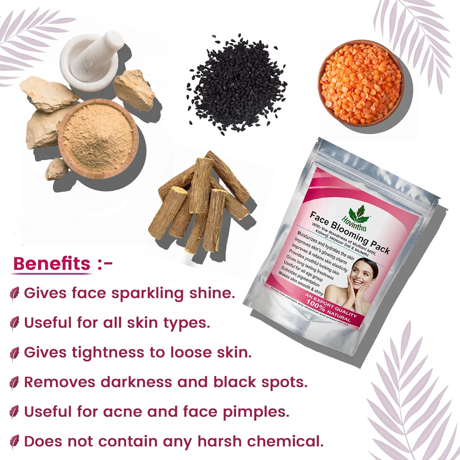 Havintha Natural Blooming Face Pack with Kalonji Seed, Masoor Dal, Mulethi and Multani Mitti Powder, 227 Gm image number 2