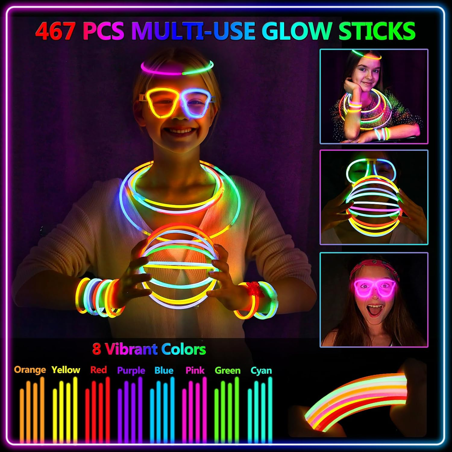 BUDI 467Pcs Cool Light up Toys Glow Party Favours for Kids/Adults: 200 Glowsticks Party Packs 7 Colours+ Connectors for Necklace, Flower Balls, Luminous Glasses and Triple/Butterfly Bracelets image number 4