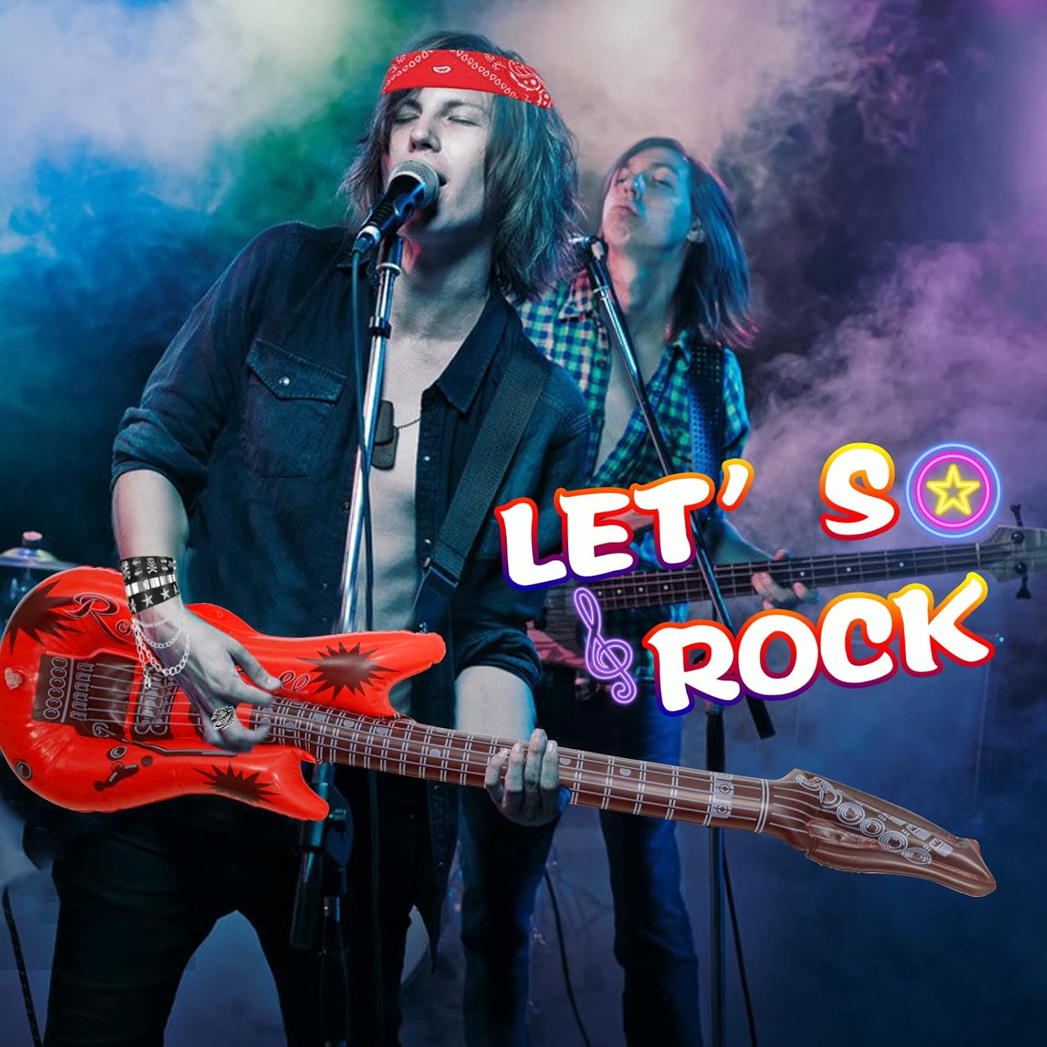 11Pcs Punk Gothic Rocker Costume Set, Rock Heavy Metal Accessories with Retro Sunglasses Gloves Bandana Fake Tattoo Sleeves Bracelet Rings Inflatable Guitar for Women Men Halloween 80S Disco Party image number 6