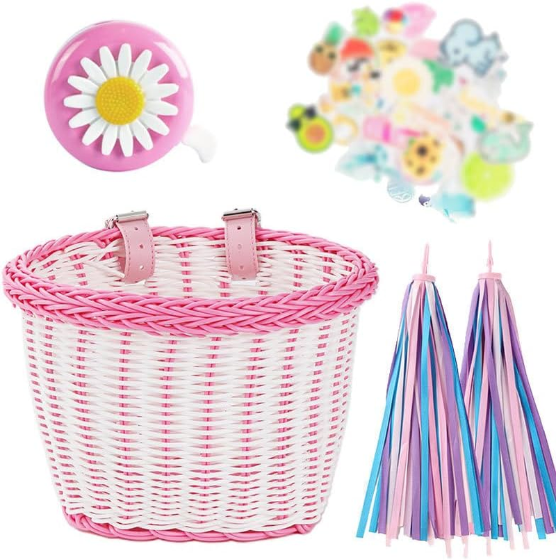 Kids Bike Basket, Kid'S Front Handlebar Basket,Girl'S Basket Kit, Suitable for Most Children'S Bicycles and Kids Tricycles Handlebar (White Pink) image number 2
