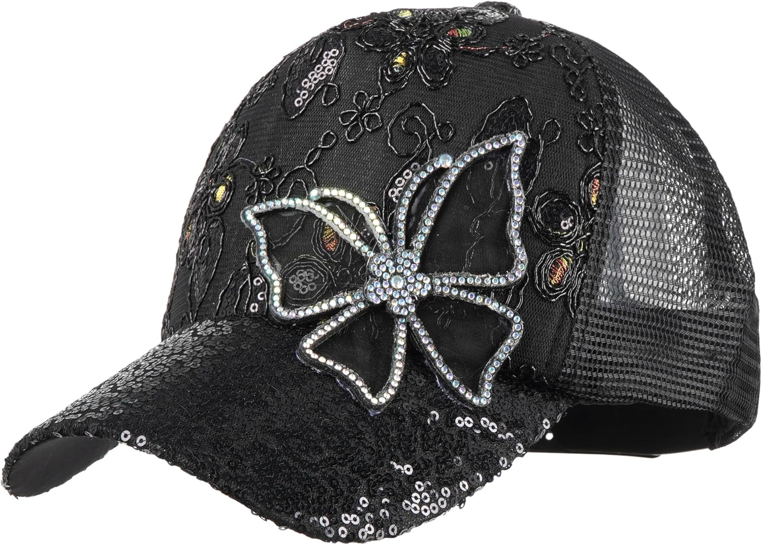 Meliyya Mesh Baseball Cap Rhinestone Butterfly Baseball Cap Summer Sequins Shield Cap Men Women One Size Adjustable