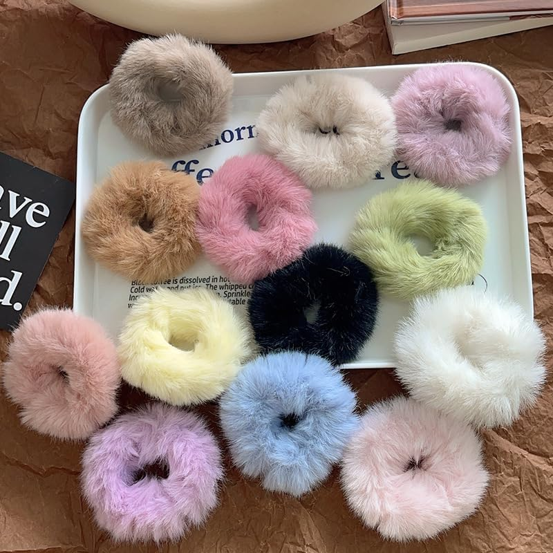 Pack of 12 Scrunchies Hair Bobbles Fluffy Elastic Plush Hair Bands Hair Accessories Faux Fur Hairband Ponytail Hair Accessories for Women Girls - Black image number 3