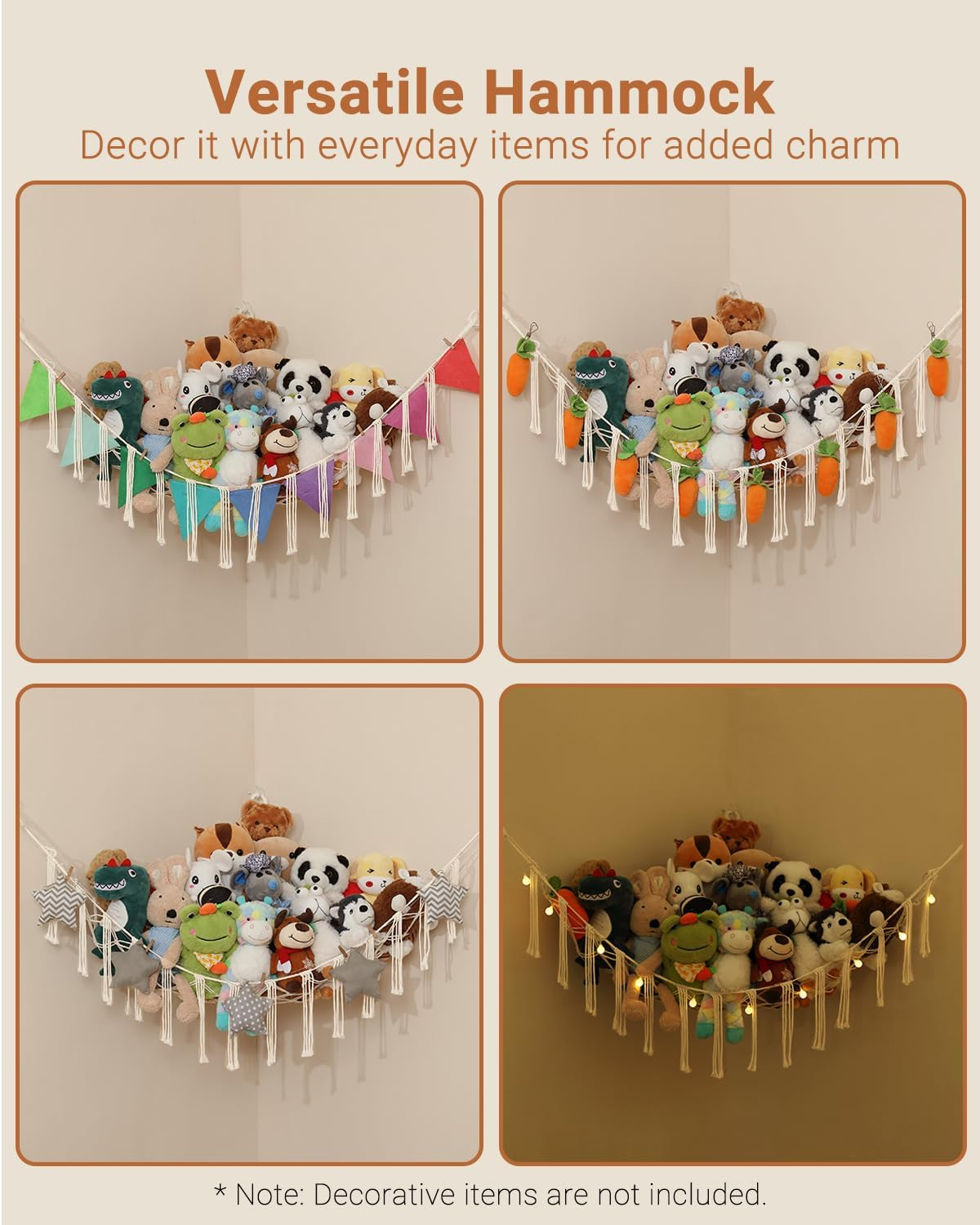 2 Pack Toy Hammock, Macrame Toy Storage Net for Stuffed Animals, Corner Nursery Hanging Organizer for Soft Toys and Teddy Bears image number 6