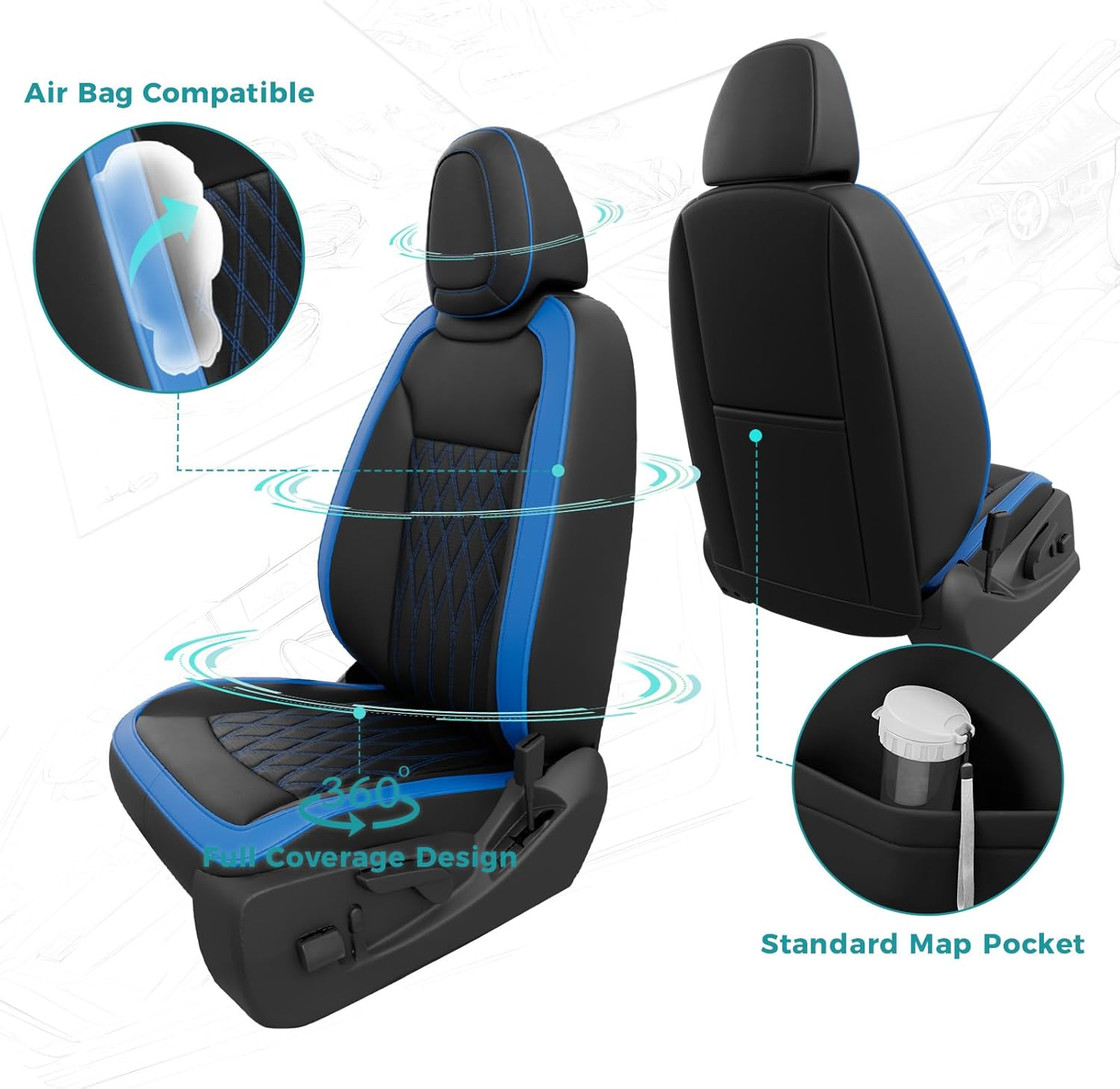 FEINEPRO Custom for Chevy Colorado 2015-2022 Crew Cab Extended Cab Z71 LT ZR2 - Faux Leather Pickup Seat Covers for Colorado Accessories (Black Blue, Full Seat/2015-2022 Crew Cab)