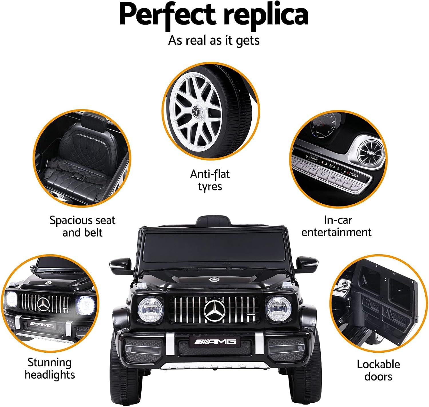 Rigo Kids Ride on Car SUV, AMG G63 Licensed Remote Control 12V Battery Horn Headlight Built-In Music 30Kg Capacity Safety Seat Belt Electric Cars for Toddlers Baby Walkers Little Tikes Kid Toy Black image number 3