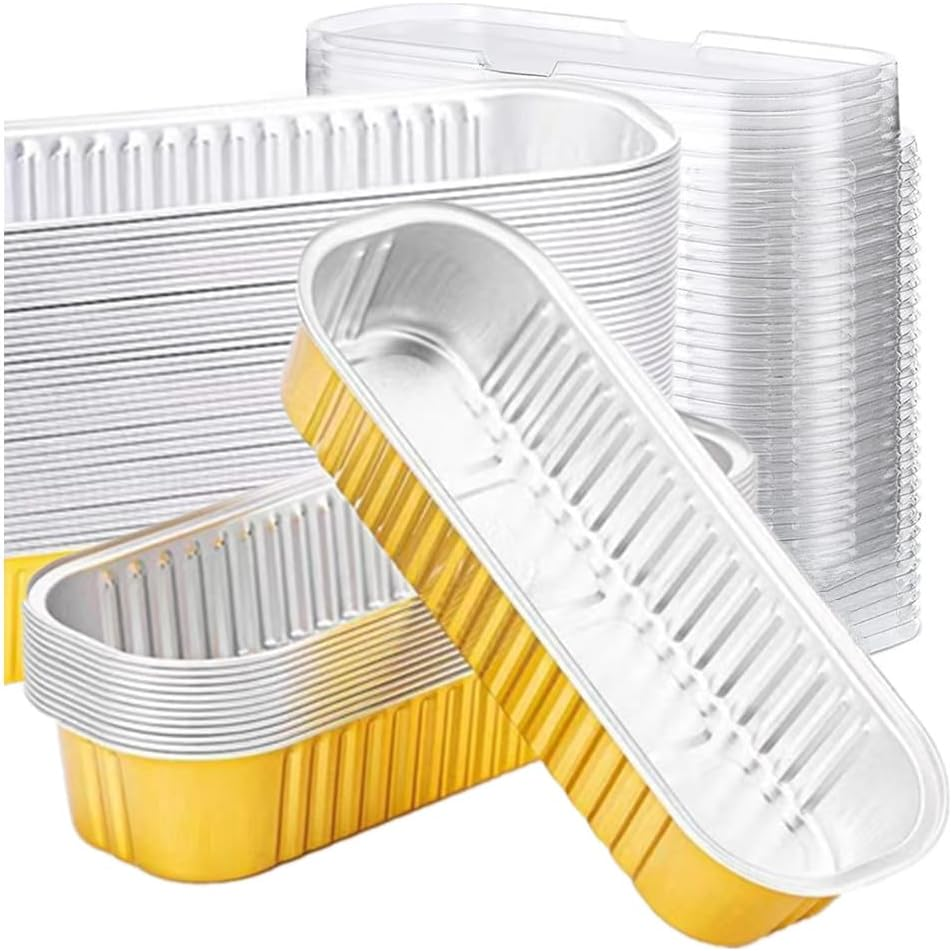 Mini Cake Pans, Cuicanfla 50 Pack Mini Golden Loaf Pans with Lids, Rectangular Aluminum Foil Baking Pans, Cupcake Containers Wrappers Cheesecake Creme Brulee Ramekins, for Home Picnic Party image number 3