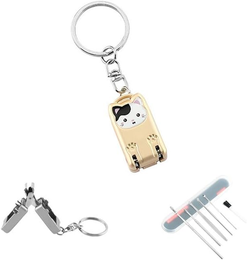 Mini Nail Clippers Keychain, Cute Cat Nail Clipper, Compact Pocket Folding Nail Cutter Keyring，Portable Travel Nail Clippers for Purse & Keyring with Ear Wax Removal Tool (Golden)