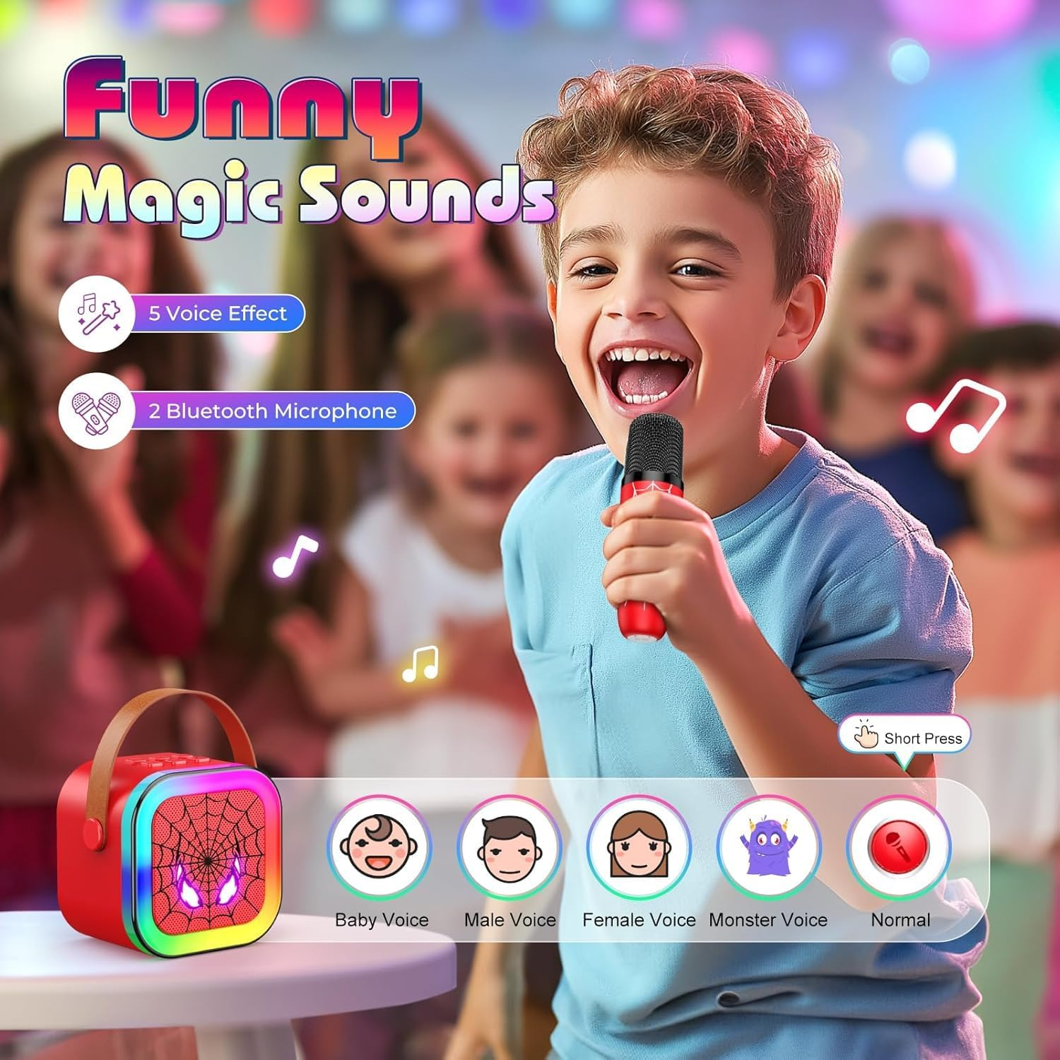 Karaoke Machine, Mini Portable Bluetooth Karaoke Machine with 2 Wireless Microphones, LED Lights, Speaker for Kids & Adults - Home Party, Birthday for Boys & Girls image number 5