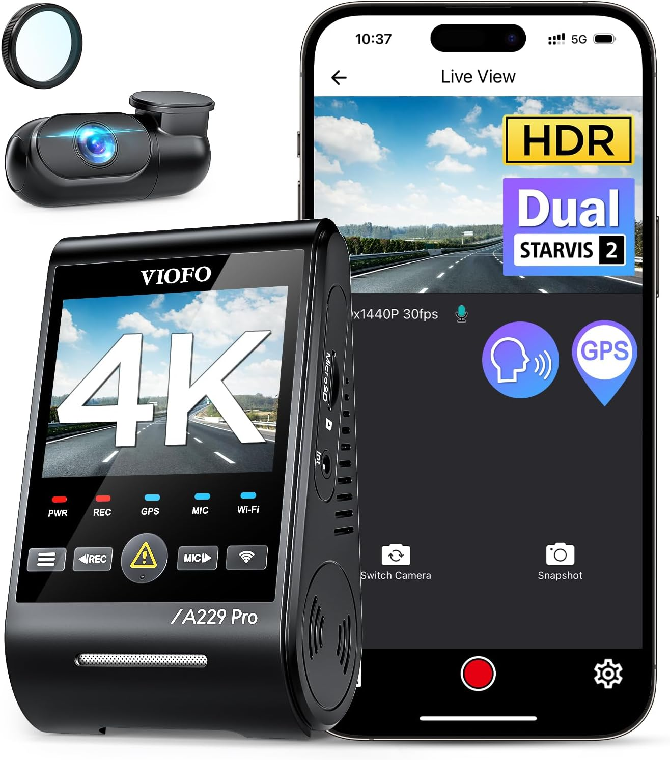 VIOFO A229 Pro 4K HDR Dash Cam, Dual STARVIS 2 IMX678 IMX675, 4K+2K Front and Rear Car Camera, 2 Channel with HDR, Voice Control, 5Ghz Wifi GPS, Night Vision 2.0, 24H Parking Mode, Support 512GB Max image number 2