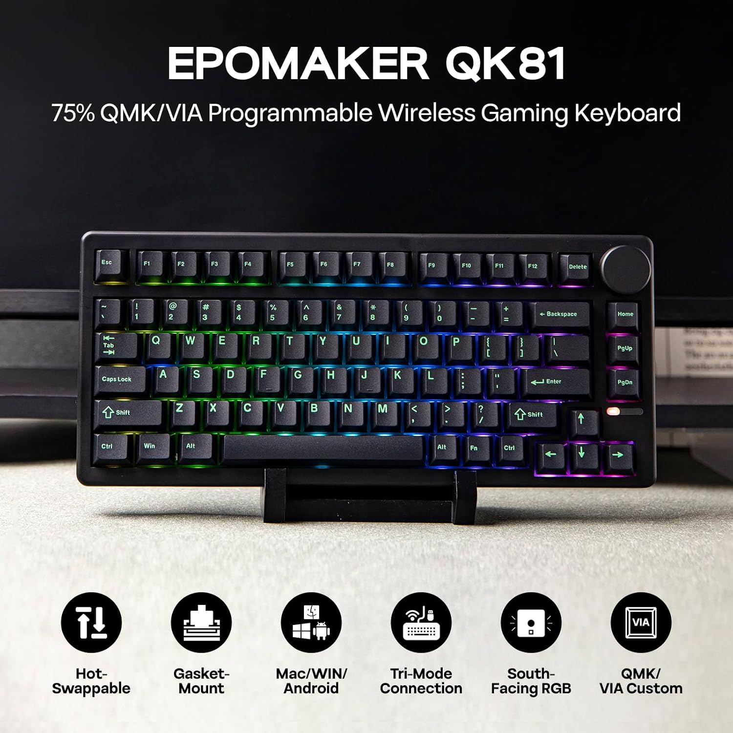 EPOMAKER QK81 75% Wireless Mechanical Gaming Keyboard, QMK/VIA Programmable and Hot-Swappable, 81 Keys with Metal Knob, 2.4Ghz/Bt/Usb, Creamy Gasket-Mount, RGB Backlight (Black, Wisteria Switch) image number 6