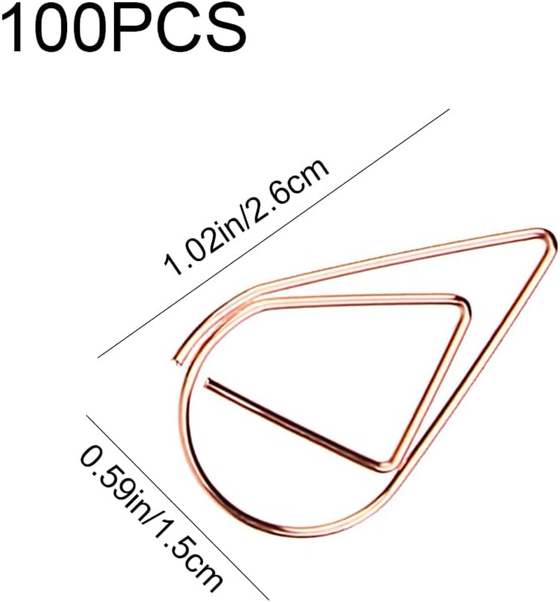 100 Pcs Small Rose Golden Paperclips Stainless Steel Waterdrop Shaped Paperclips Bookmarks Paper Clips Clamps for Memo Paper Photo 15 * 25Mm (Rose Gold)