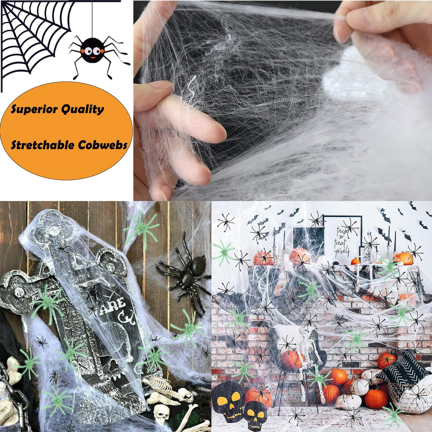 300 Sqft Spider Webs Halloween Decorations, Super Stretchy Web Cobwebs with 10 Glow Fake and Creepy Black Spiders White Webbing Haunted House Party Supplies Spooky Home Office Yard Decor image number 4