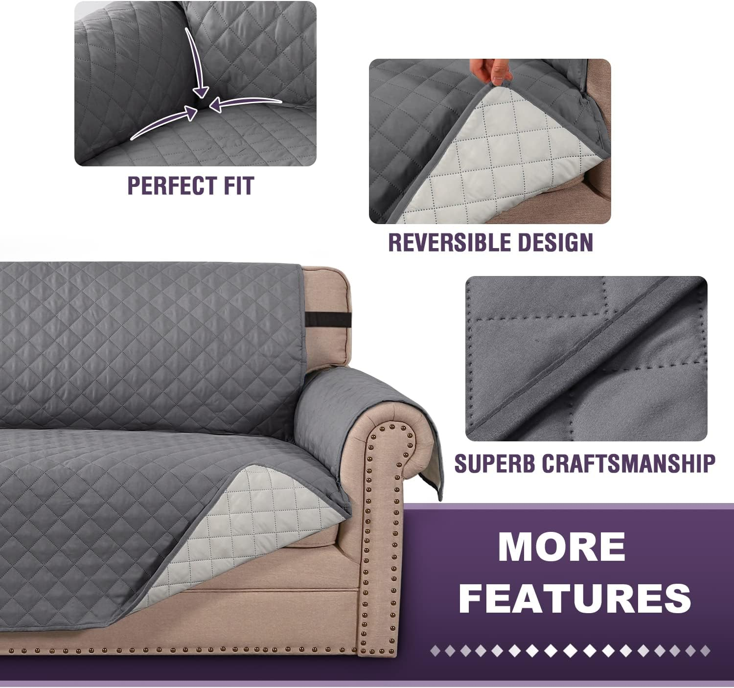 H.VERSAILTEX Sofa Slipcover Reversible Sofa Cover Water Resistant Couch Cover with Adjustable Straps, Washable Couch Cover for Kids, Dogs, Pets (3 Seater Sofa, Grey/Beige) image number 1