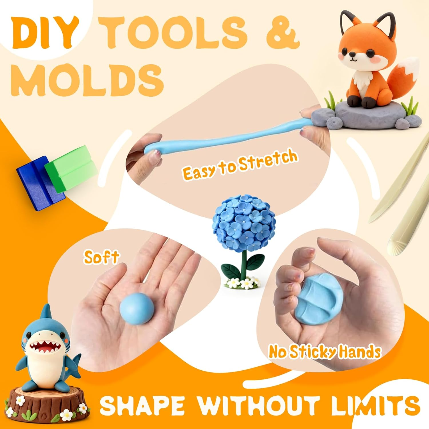 Polymer Clay Tool Kit - 100 Colours Modeling Clay for Kids, Adults, Beginners, DIY Arts and Crafts Baking Clay with 19 Carving Tools & 10 Accessories, Non-Toxic, Non-Sticky for Artist Gifts image number 2