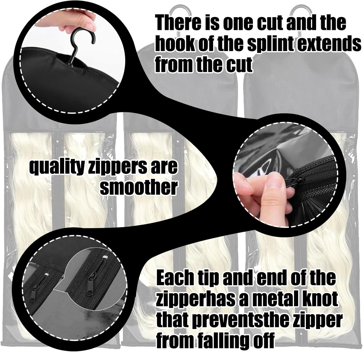 TYXHXTF 3Pcs Wig Storage Bag, Dustproof Wig Bag, Hair Extension Storage, Wig Storage Bag with Hanger (Black) image number 4