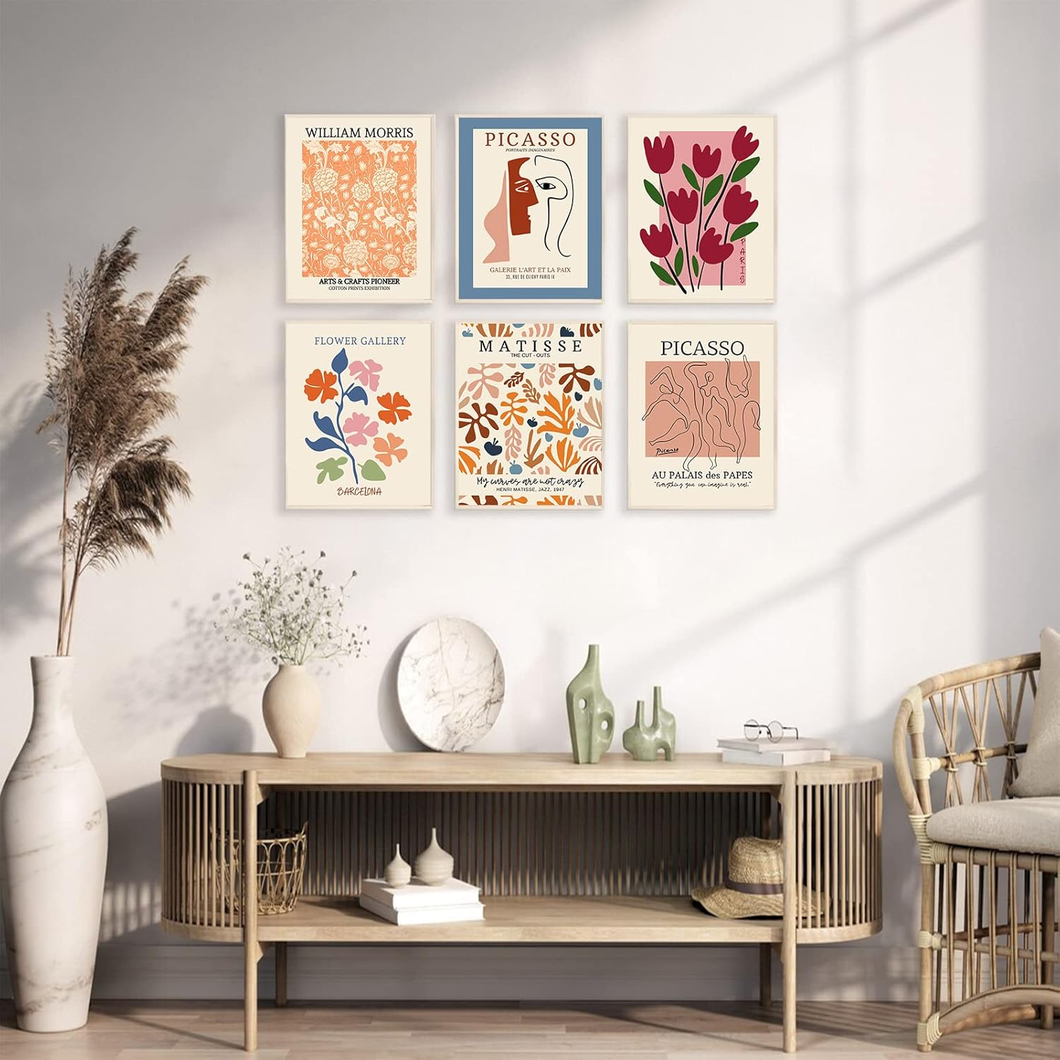 KBKBART Flower Market Posters Set of 6,Abstract Wall Art Prints Exhibition Poster Set,Vintage Matisse Print Picasso William Morris Painting Pictures,Minimalist Gallery Mix(8X10Inch,Unframed),Beige