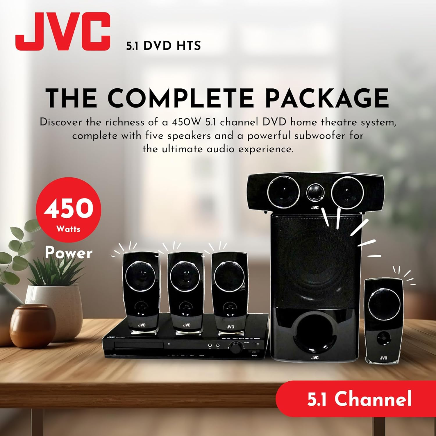 JVC Home Theatre System | 5.1 Surround Sound System for TV | Portable DVD Player with 5 X 60W Passive Speakers & 150W Powered Subwoofer | Digital Amplifier, Karaoke Function, Bluetooth, USB (TH-N888B) image number 5