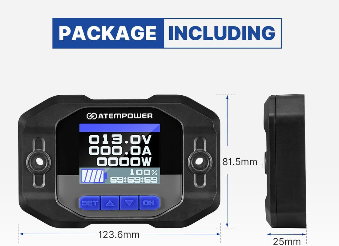 ATEM POWER 12V 500A Battery Monitor with Shunt Wire, LCD Display, Real-Time Monitor Voltage Current Watt Compatible with Lithium, Lead-Acid, AGM, Gel Batteries, Flush Mount Available image number 2
