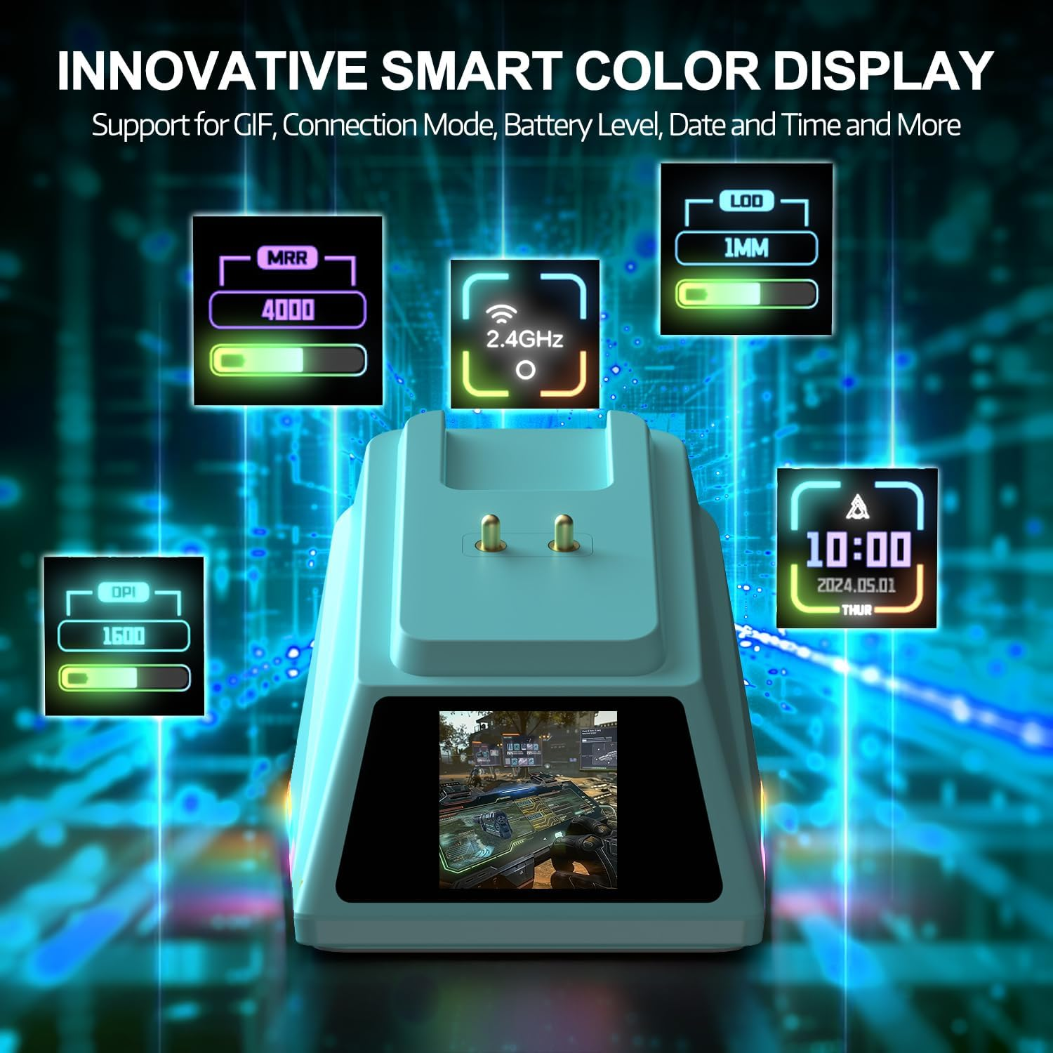 AJAZZ AJ159 APEX 8K Wireless Gaming Mouse, Magnetic Charging Dock with Screen, Pixart PAW3950 Sensor, up to 42000DPI, 56G Ultralight, 100 Million Clicks HUANO Switch, Tri-Mode Mouse, for Pc/Mac (Blue) - Berry Blue image number 3