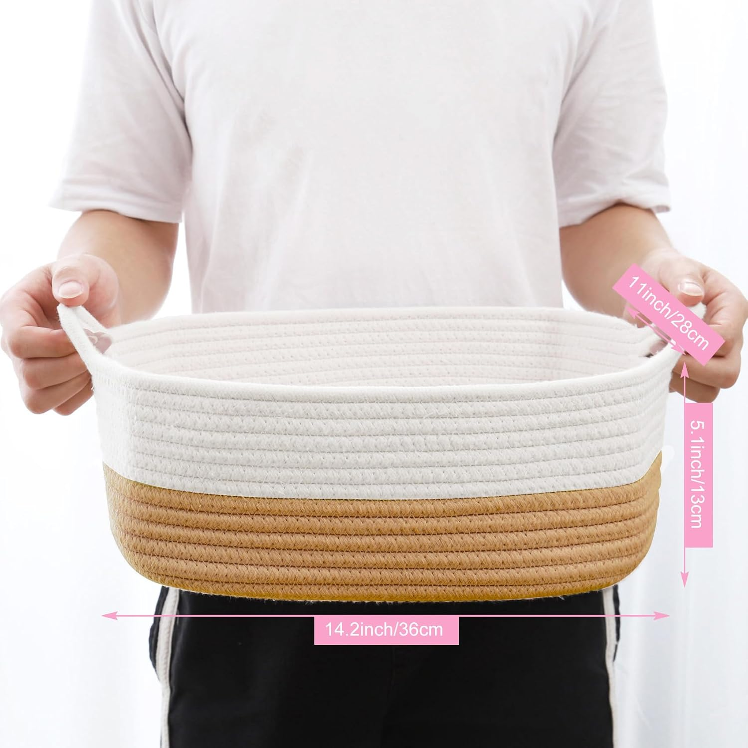 Abenkle Small Storage Basket with Handles, Cotton Rope Woven Dog Cat Toy Bin, Decorative Shelves Closet Organizing for Nursery Laundry Bedroom Bathroom, 14.2''X 11''X 5.1'' - All Pink image number 4