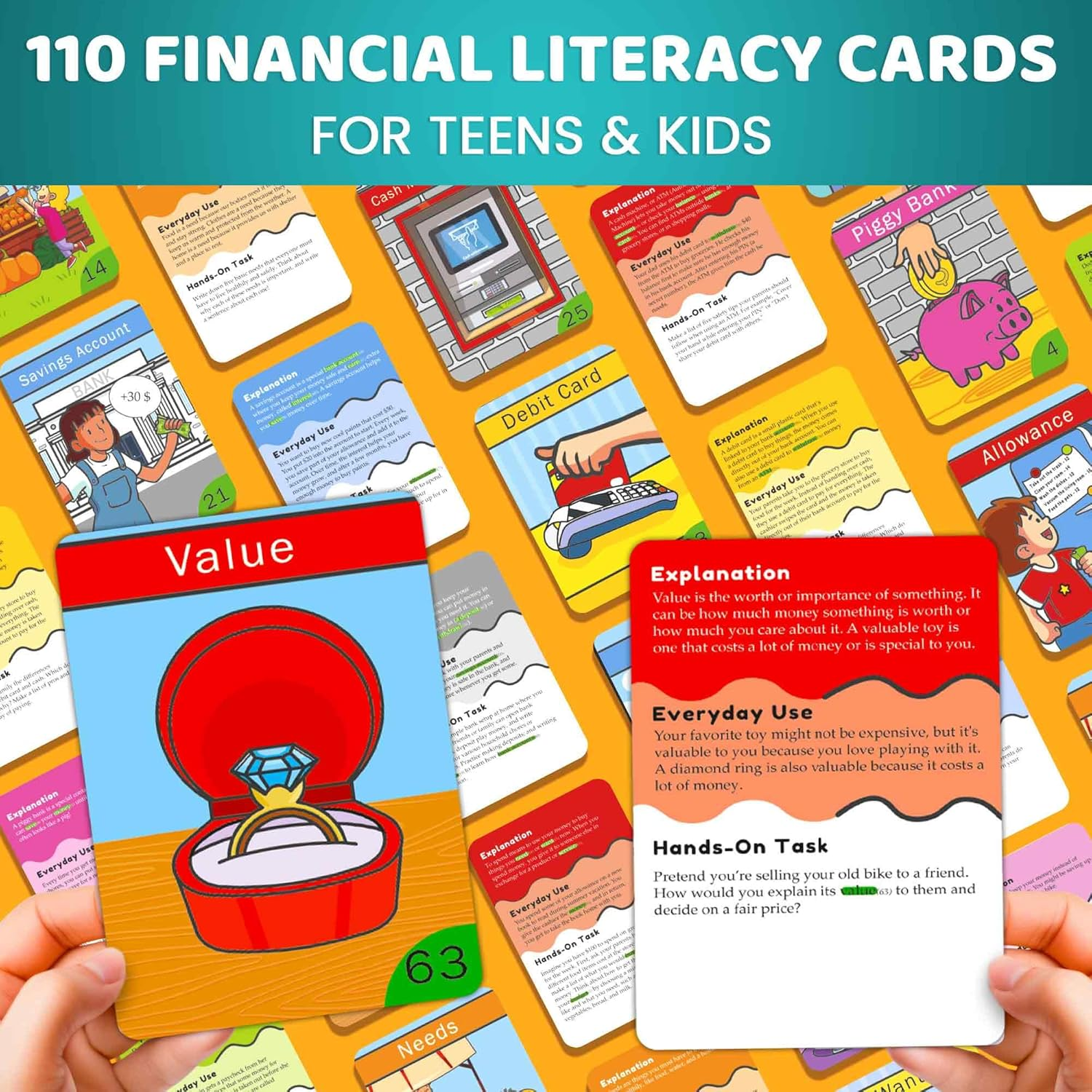 QUOKKA Financial Literacy Flash Cards for Teens &ndash; 110 Cards Teaching Kis about Money Management, Budgeting, Savings &ndash; Easy Money Games for Kids Ages 12+ &ndash; Fun Financial Literacy Games and Learning image number 1