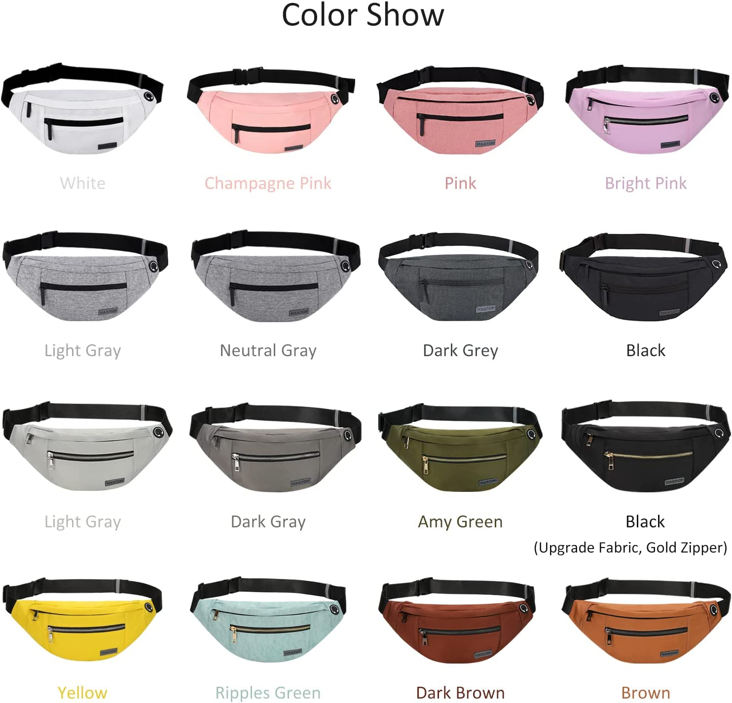 Large Fanny Packs for Women Men with 4-Zipper Pockets,Gifts for Enjoy Festival Sports Workout Traveling Running Casual Hands-Free Water-Resistant Waist Pack Bag Wallets Carrying All Size of Phones - Black(Washed Nylon With Silver Metal Zipper) image number 4