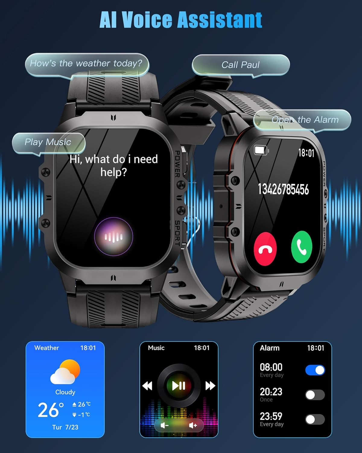 Rugged Smart Watch, 1.96-Inch AMOLED HD Display, Waterproof Fitness Step Count with Bluetooth Calling, 100+ Sport Modes, Blood Oxygen & Heart Rate Monitoring, Extended Battery Life for Android/Ios image number 1