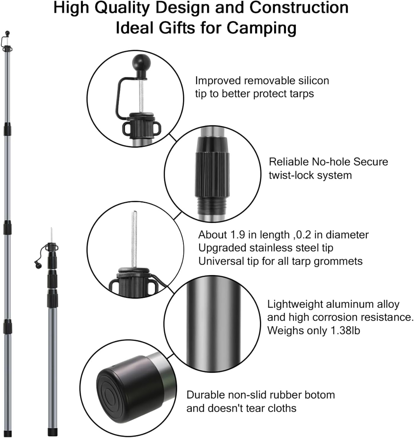 KOMCLUB Telescoping Tarp Poles 4 Section Adjustable Tent Poles for Tarp, Portable & 98.5In Lightweight Aluminum Tent Accessories Set of 2 &1 Bag (Gray) - Grey image number 6