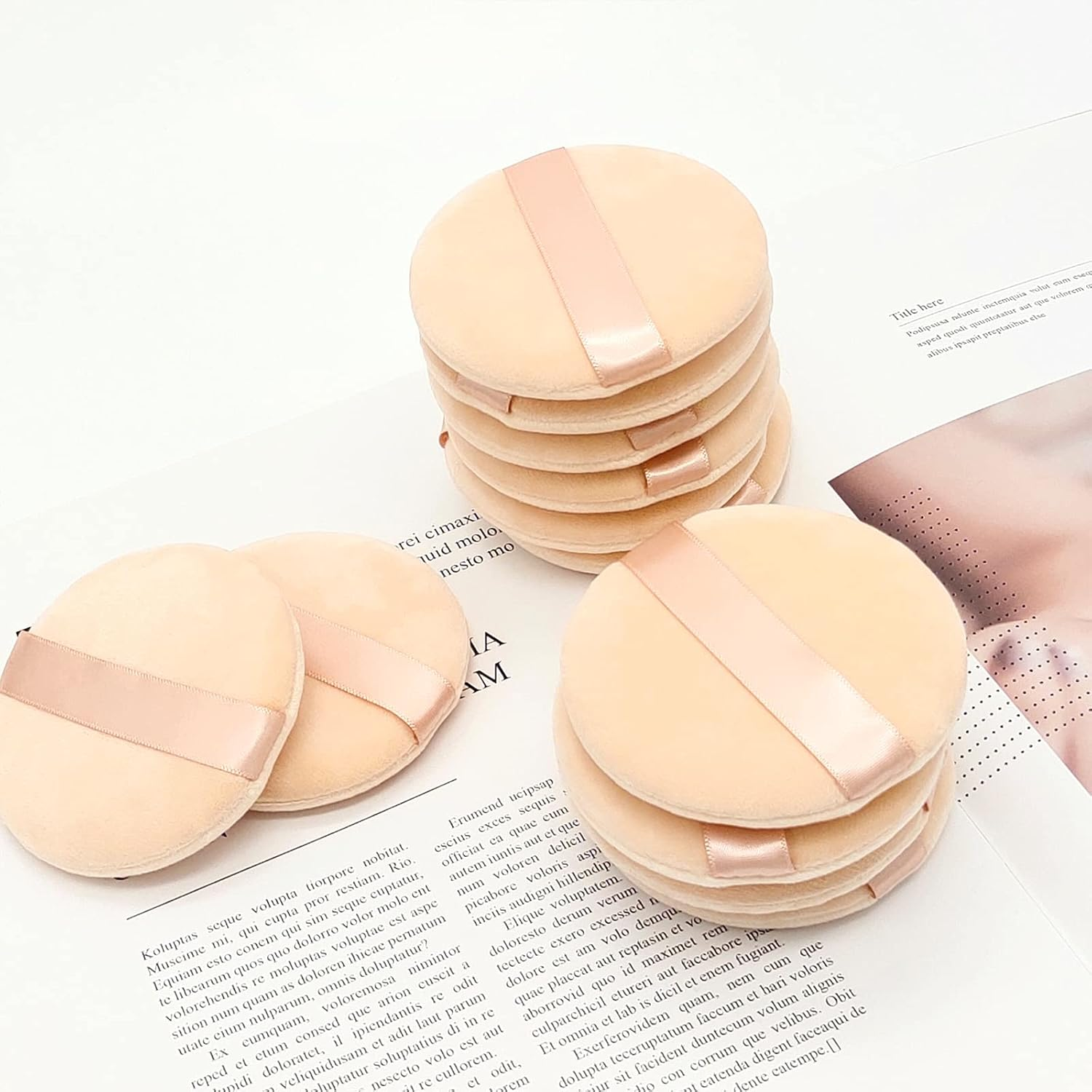 12 Pieces Cotton Powder Puff,3.15 Inch round Portable Soft Sponge Cosmetic Puffs,Velvet Powder Puff with Ribbon Band Handle for Loose Powder Body Powder Makeup Tool image number 2