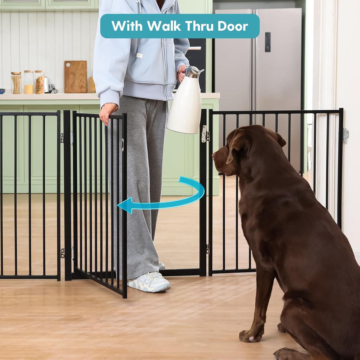 No Pawblems Free Standing Dog Gate with Door, 30'' Tall Foldable Dog Fence for Indoor & Outdoor, up to 104 Inch Extra Wide Puppy Gate for Stairs, Hallways, Doorways, Deck, Yard (Black, 4 Panels) - White image number 3