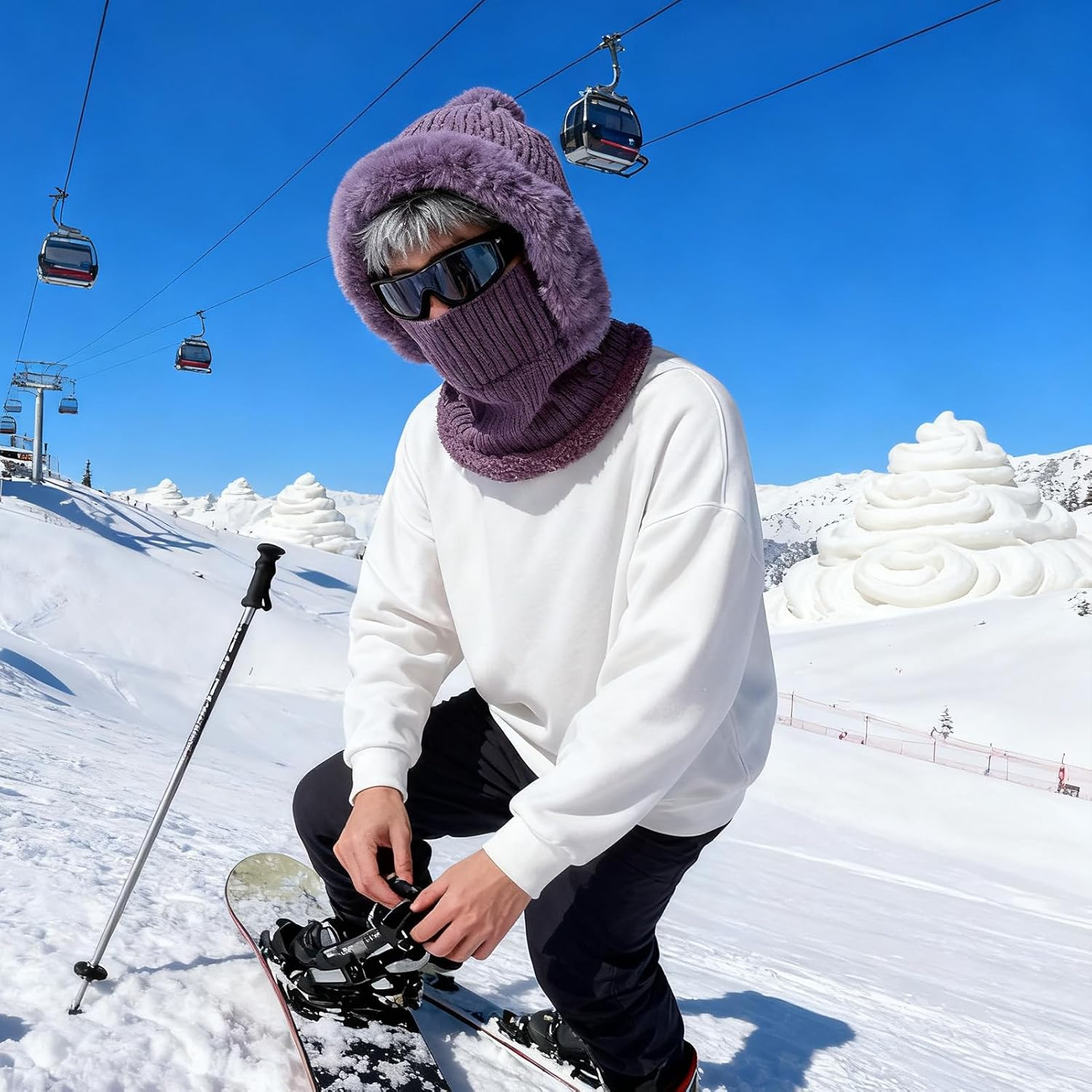 Winter Hats for Women,Knitted Face Cover - Winter Hat with Scarf | for Lady Grandma Mother Traveling Hiking Cycling Skiing Snowboarding Biking image number 5