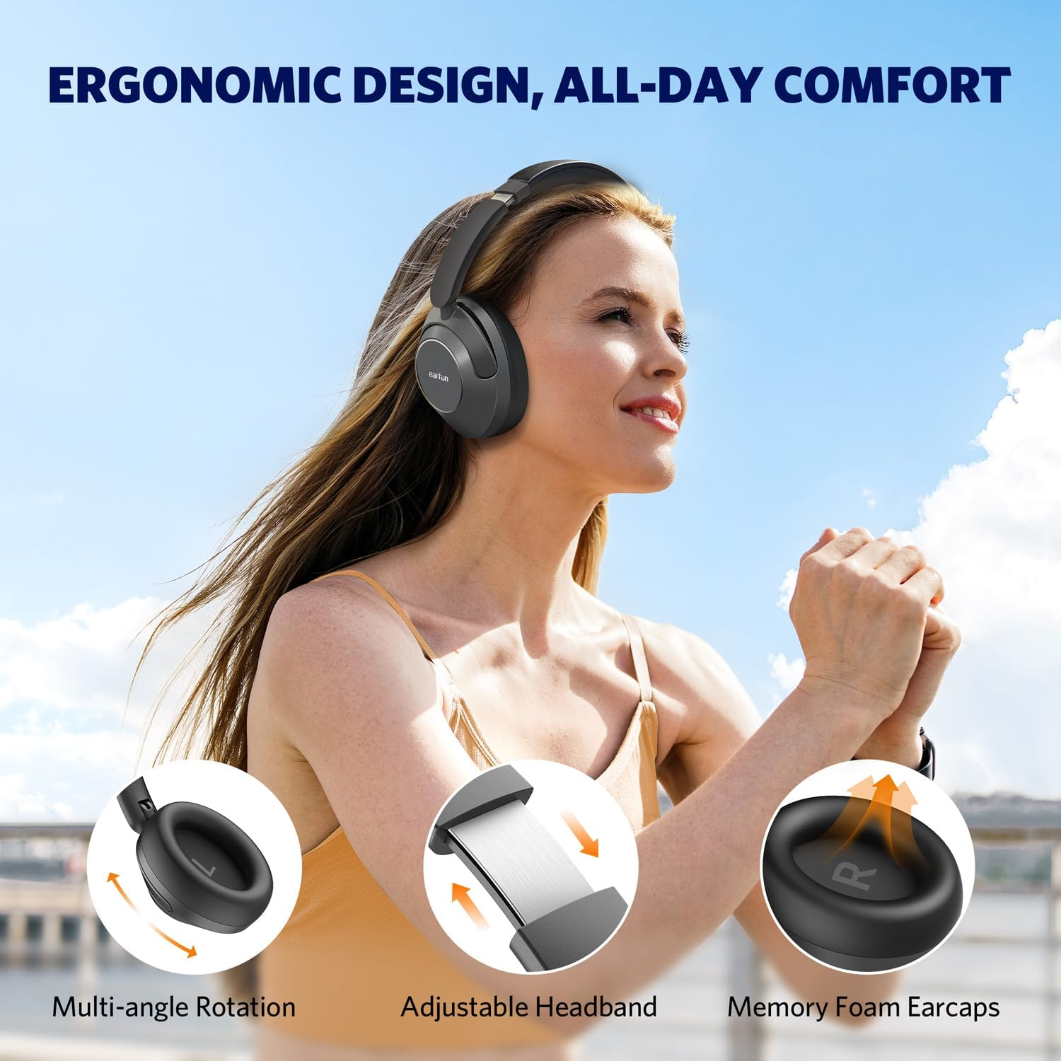 Earfun Wave Pro Active Noise Canceling Headphones, over Ear Headphones Wireless Headphones, LDAC Hi-Res Sound Bluetooth Headphones, 5 Mics AI Clear Call, 80H Playtime, Multipoint Connection, Custom EQ image number 4