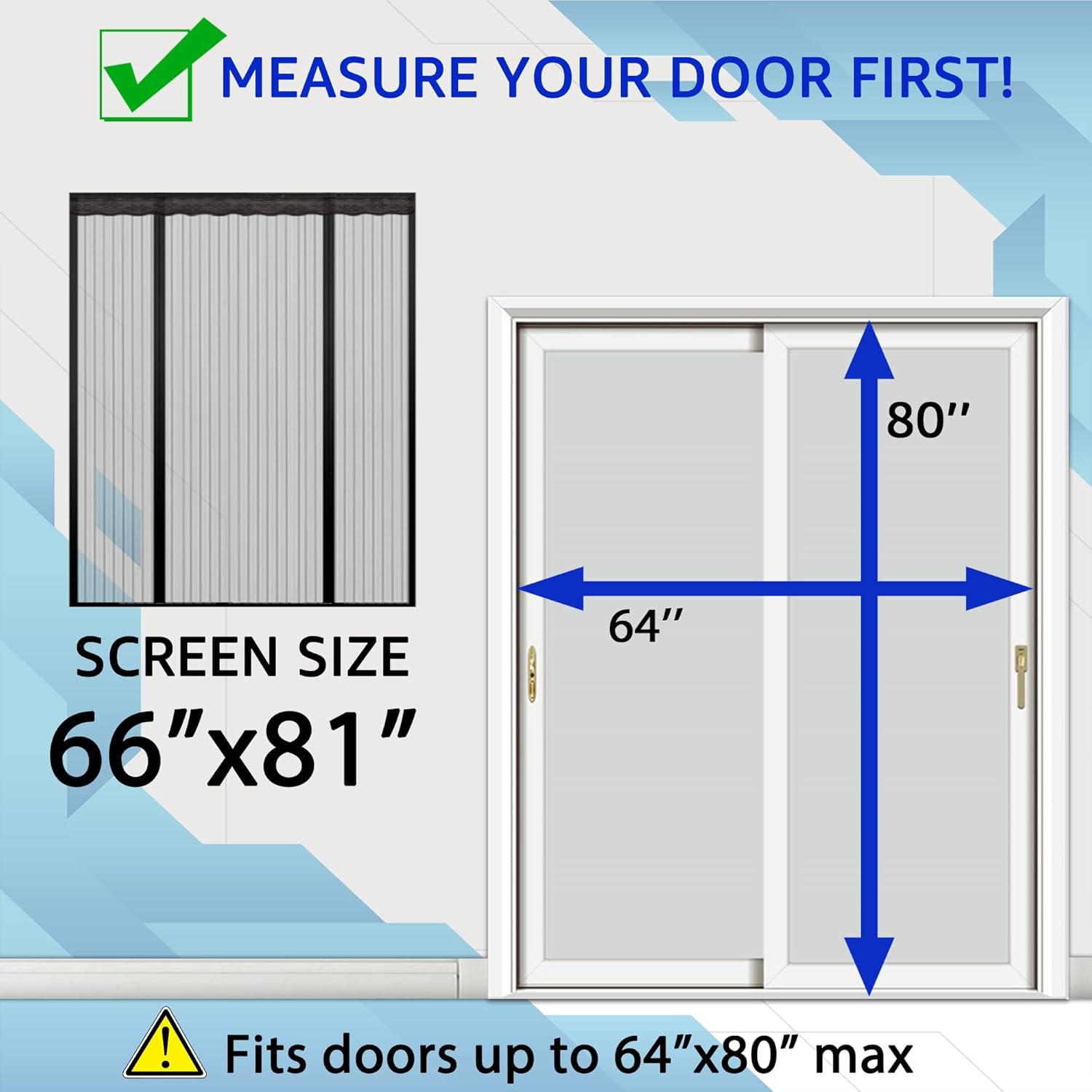Thefitlife Double Door Magnetic Screen - Mesh Curtain with Full Frame Hook & Loop Powerful Magnets, Snap Shut Automatically for Patio, Sliding or Large Door(66''X81'' - Fits Doors up to 64''X80'') image number 1