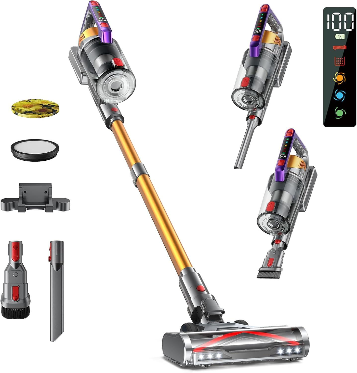 Cordless Vacuum Cleaner, 550W/45Kpa, Max 70 Mins Runtime, Self-Standing Vacuum Cleaners, Anti-Tangle Stick Vacuum with Aromatherapy, Smart Display Vacuum with 1.6L Cup for Pet Hair/Carpet/Hard Floor image number 4