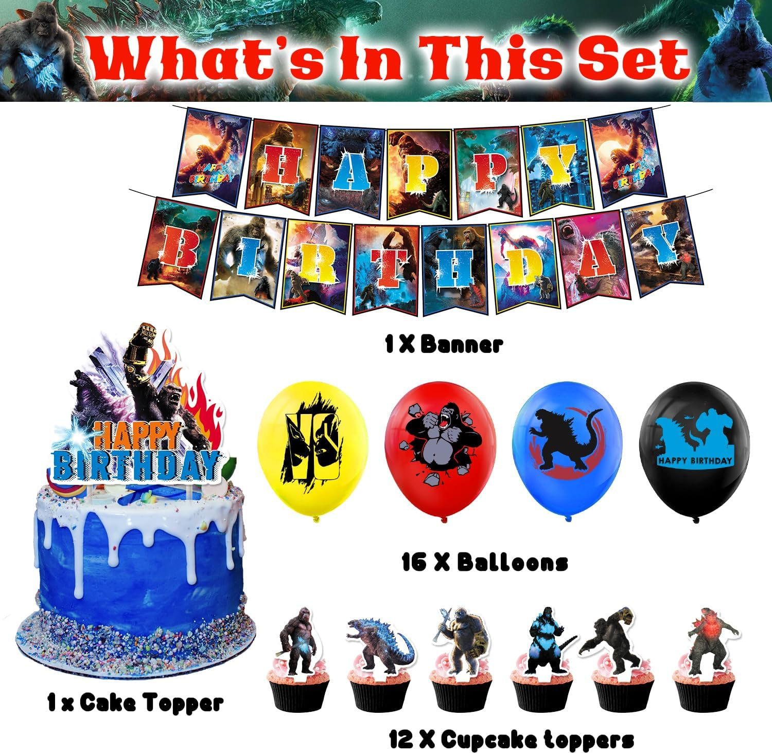 Godzilla Birthday Party Supplies and Decorations - Happy Banner, Latex Balloons, Cake and Cupcake Toppers for Kid'S Decor