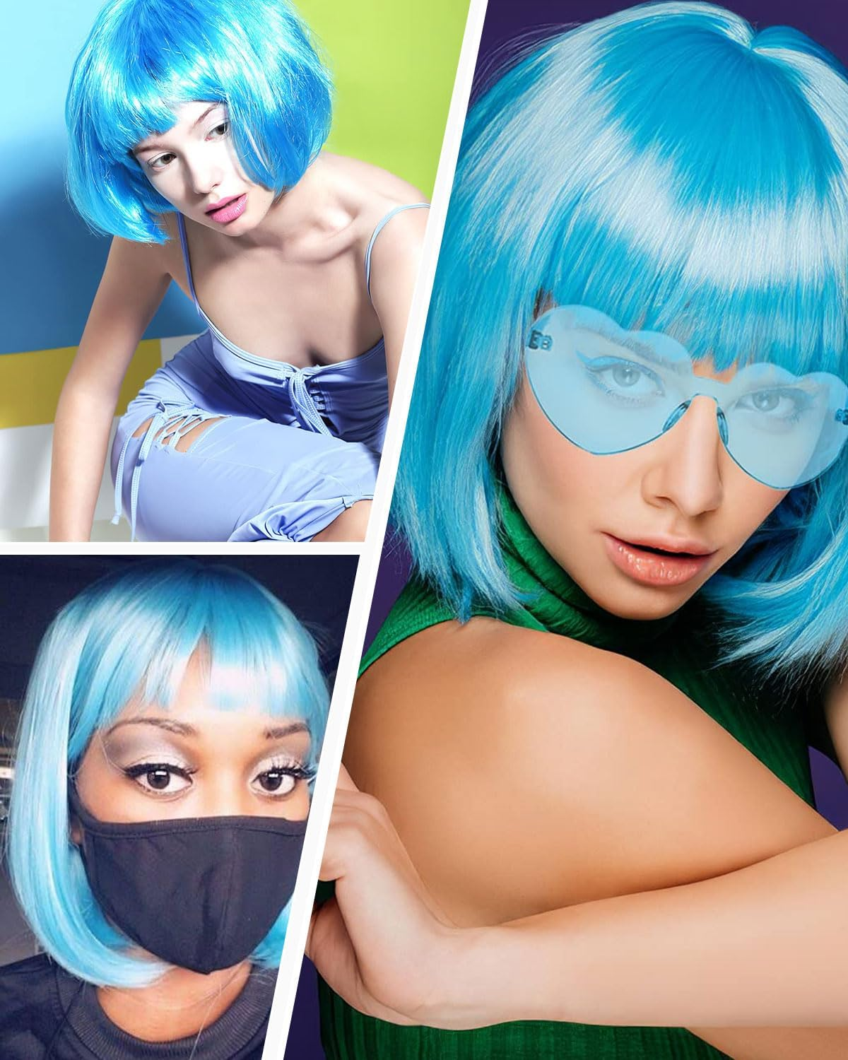 MOPZIJA 3 Pieces Bob Wig, Pulp Fiction Costume, Wig Short Hat Straight Heat Resistant Hair with Beveled Fringe Daily Wigs for Cosplay Costume + Glasses + Hair Net, Christmas Role Play Set image number 3