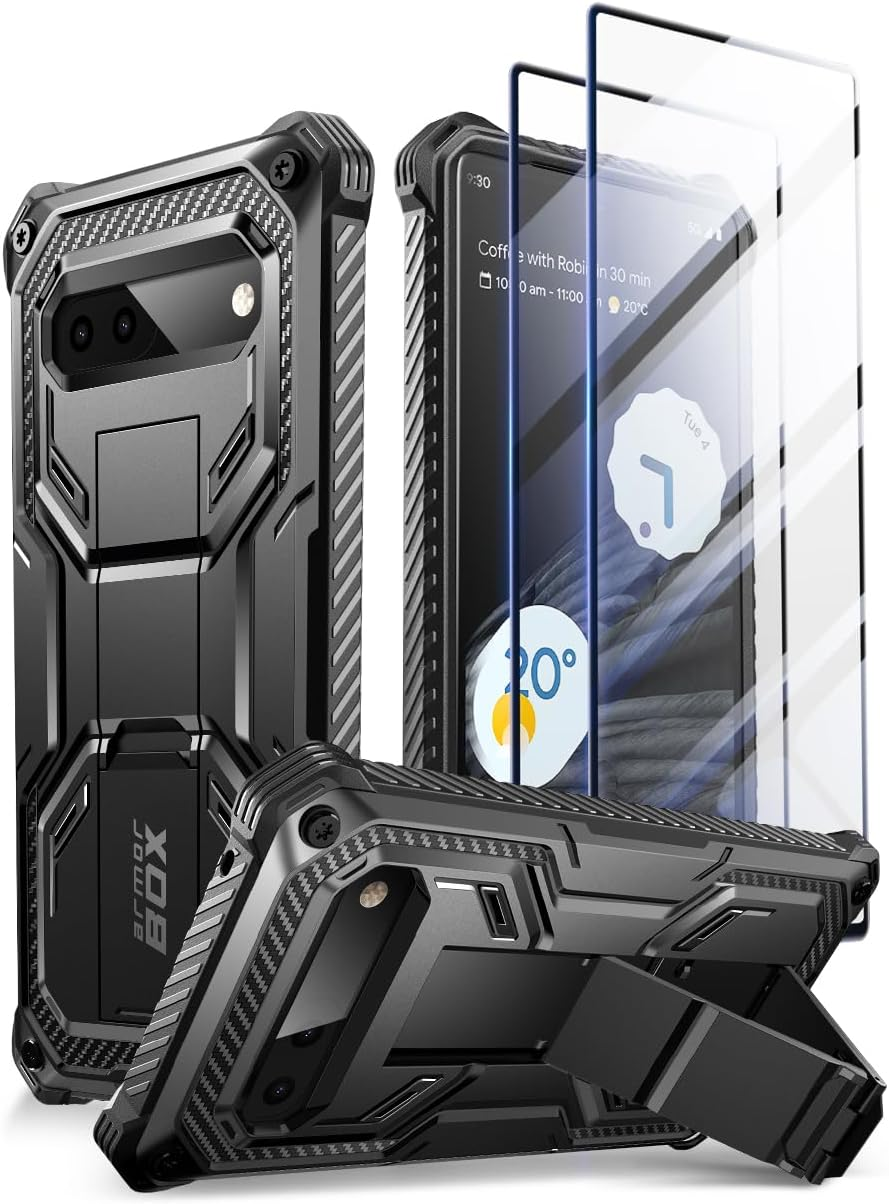 I-Blason Armorbox Lite Series for Google Pixel 7A Case (2023 Release), [2Pcs Tempered Glass Screen Protectors] Slim Protective Bumper Case with Built-In Kickstand (Black) image number 2