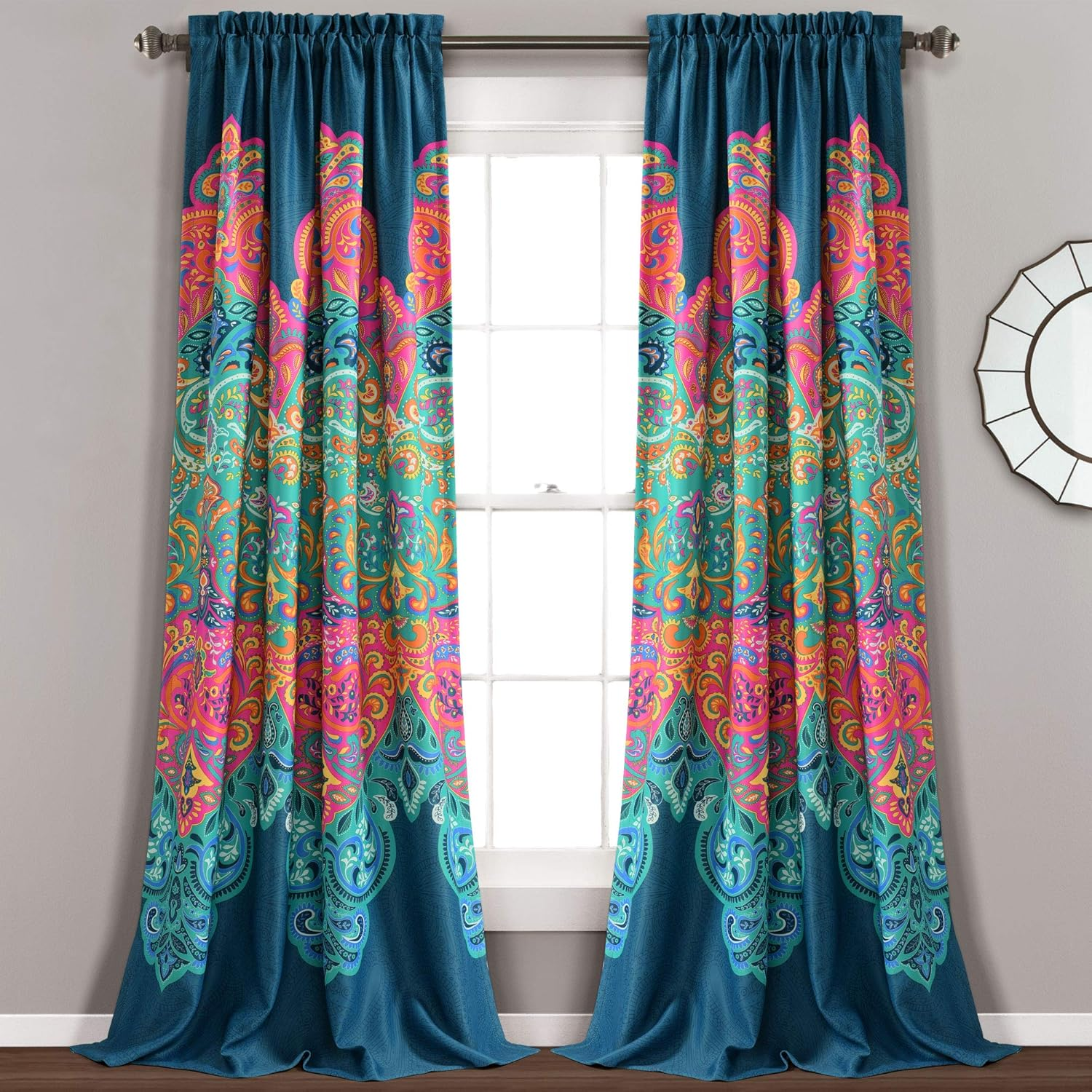 Lush Decor Boho Chic Room Darkening Window Curtain Panel Pair, 95" X 52" + 2" Header, Turquoise and Navy, 95 in X 52 In, Turquoise & Navy image number 4