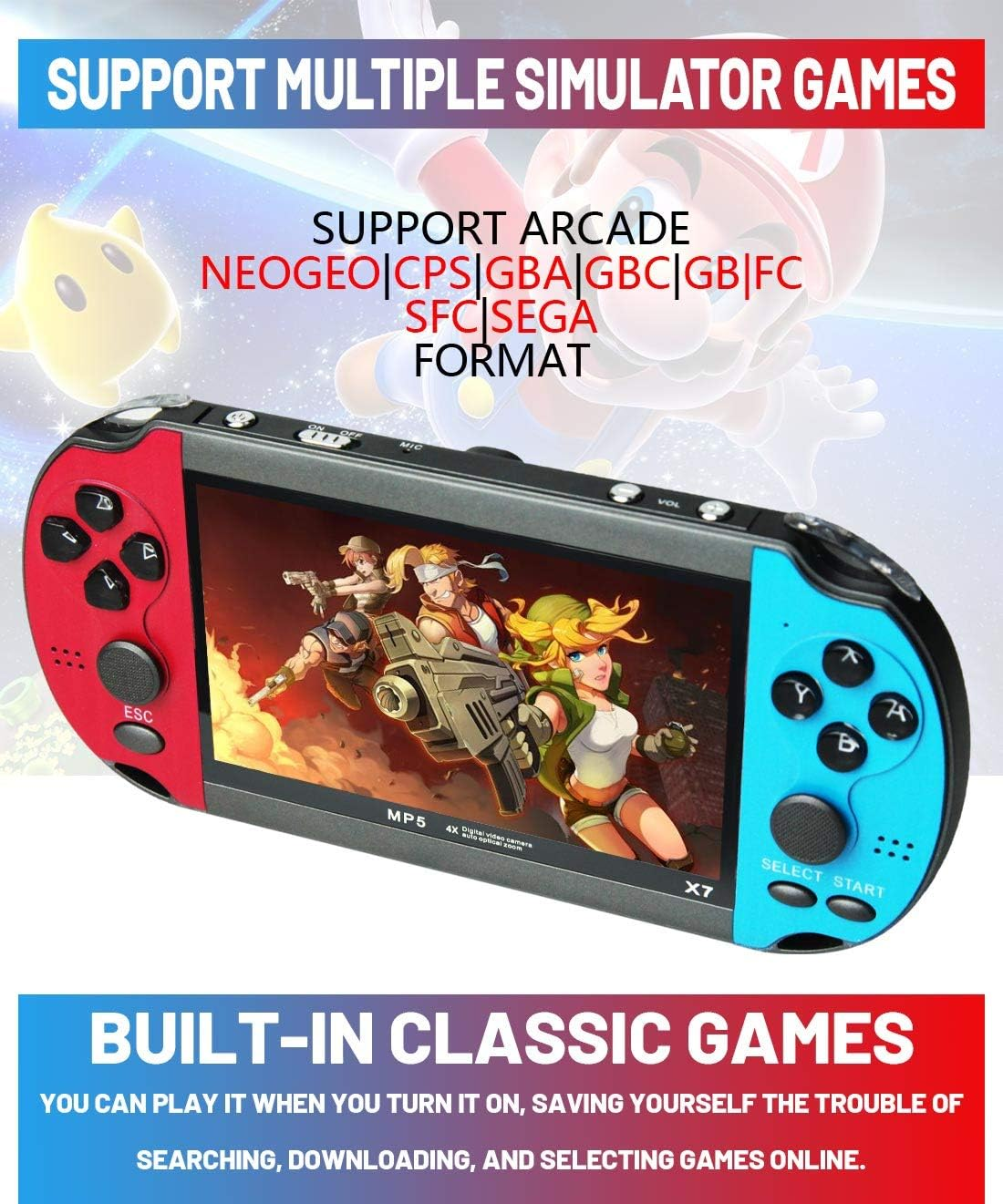 CZT New 4.3 Inch Cool Color Retro Game Console Built-In 3000 Games Support Mp3Mp4 Games Can Save/Add/Delete Rechargeable Lithium Battery (Bluered)