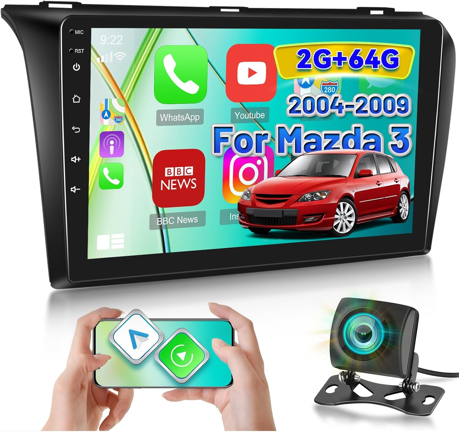 2+64G Car Radio for Mazda 3 2004-2009 - Wireless Carplay & Android Auto - 9 Inch Android 13 Stereo with Wifi/Eq/Gps + AHD Rear View Camera image number 4