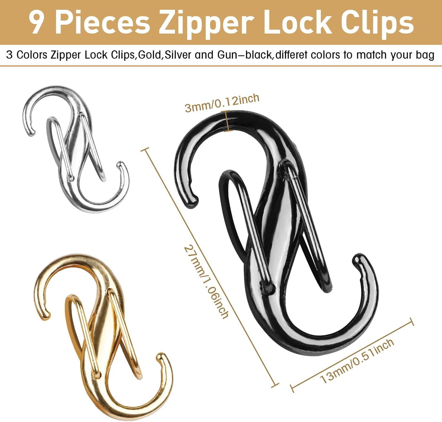 9 Pieces Zipper Lock Clips - 3 Colors Pull Replacement for Theft Deterrent, Dual Opening Backpack and Carabiner to Keep Closed image number 6