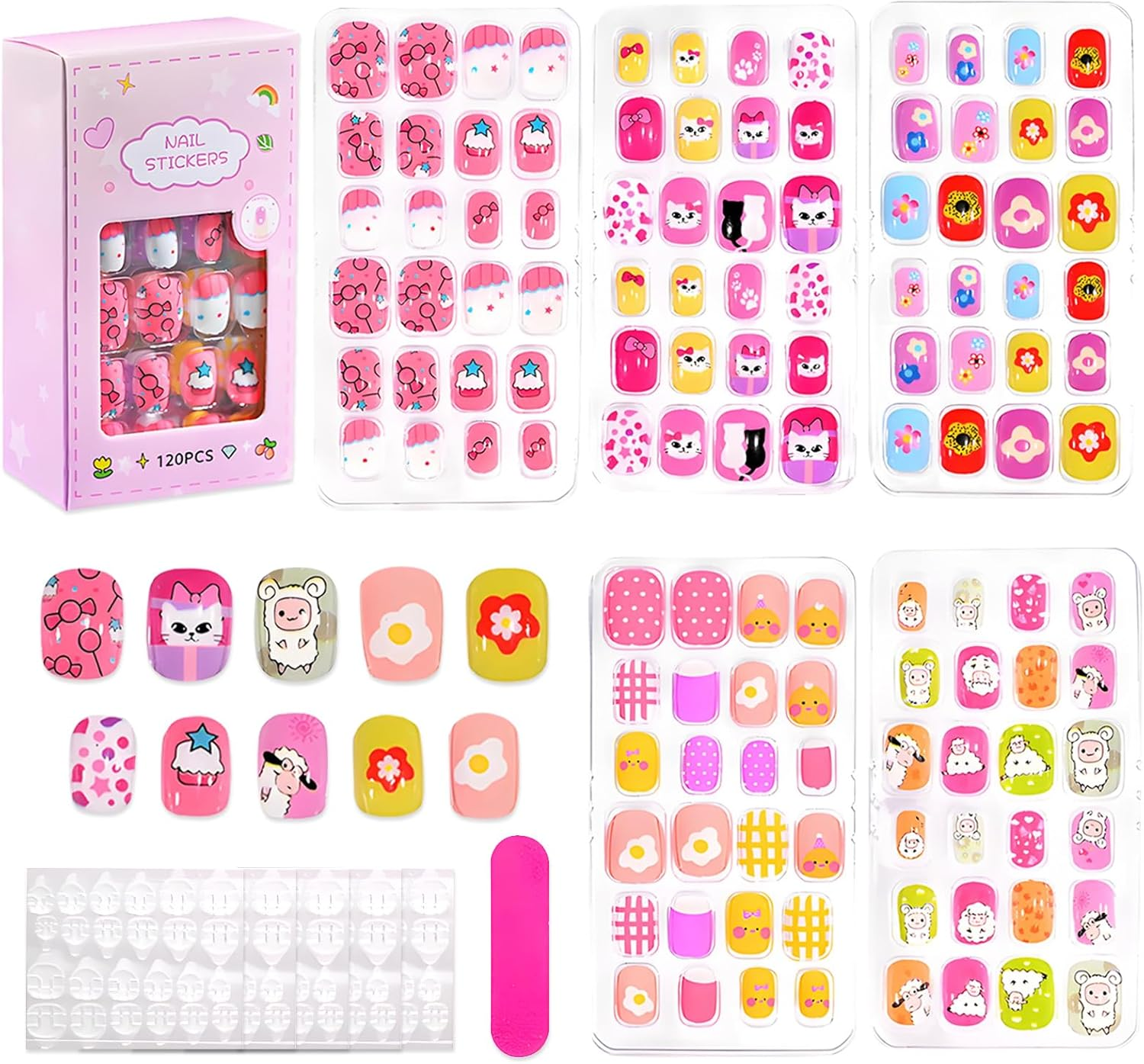 120Pcs Press on Nails for Girls, Full Cover Fake Nail Tips Kit Pre Glue Short Stick on Nails for Children Little Girls Nail Art Decoration (A Pattern)