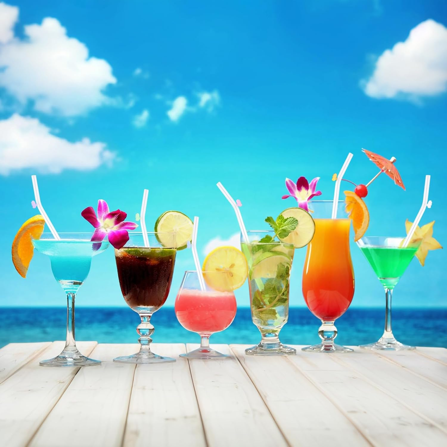 Reusable Glass Straws 6-Pack, Multicolour Butterfly Decorated Drinking Straw, Eco Friendly Bent Straws Drinking for Smoothies, Milkshake, Cocktail (20Cm, Clear) image number 6