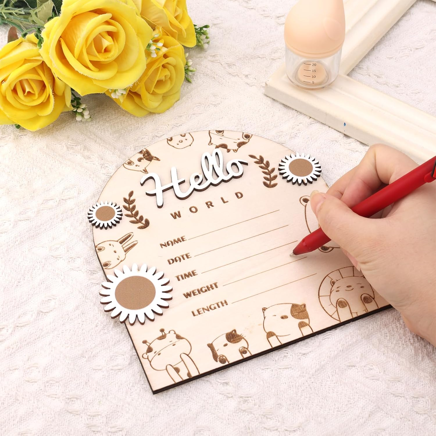 Wooden Baby Announcement Sign, Hello World Baby Sign Baby Announcement Plaque Newborn Baby Name Board Birth Announcement Sign for Baby Shower Gifts Photo Props Wall Decoration image number 4