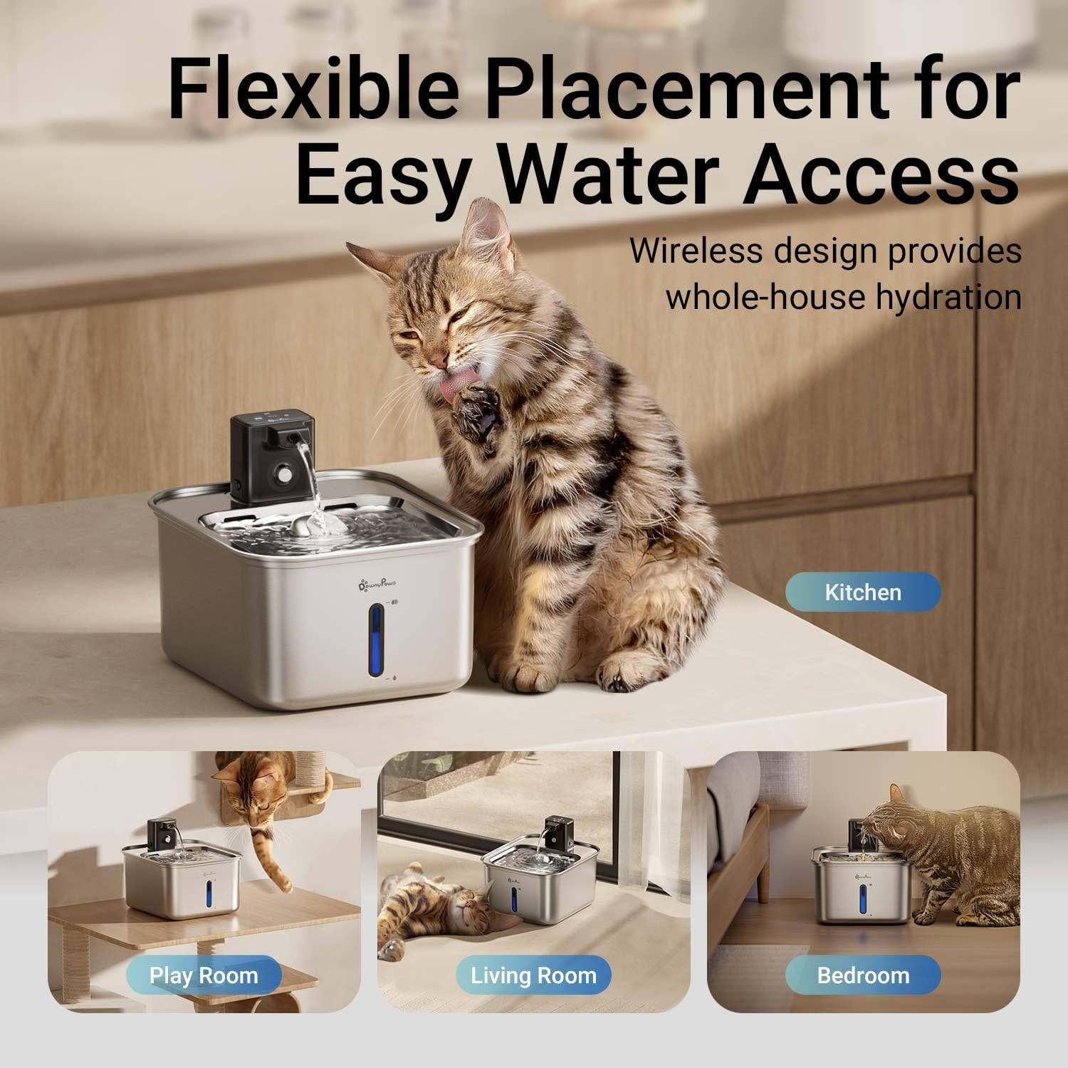 Downypaws Cat Fountain Stainless Steel Wireless Drinking Fountain for Cats Stainless Steel with Motion Sensor and Battery Operated with 6 Filters image number 2