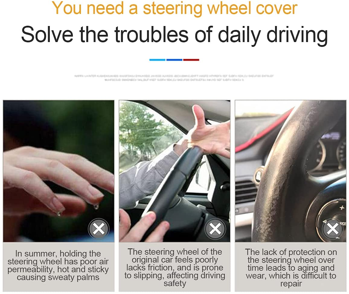 Leather Steering Wheel Cover, Auto Car Stretch Steering Wheel Protector, Universal 15 Inch Anti-Slip Breathable Odorless Steering Wheel Cover for Men Women (Black/Blue) - Black/Blue image number 2