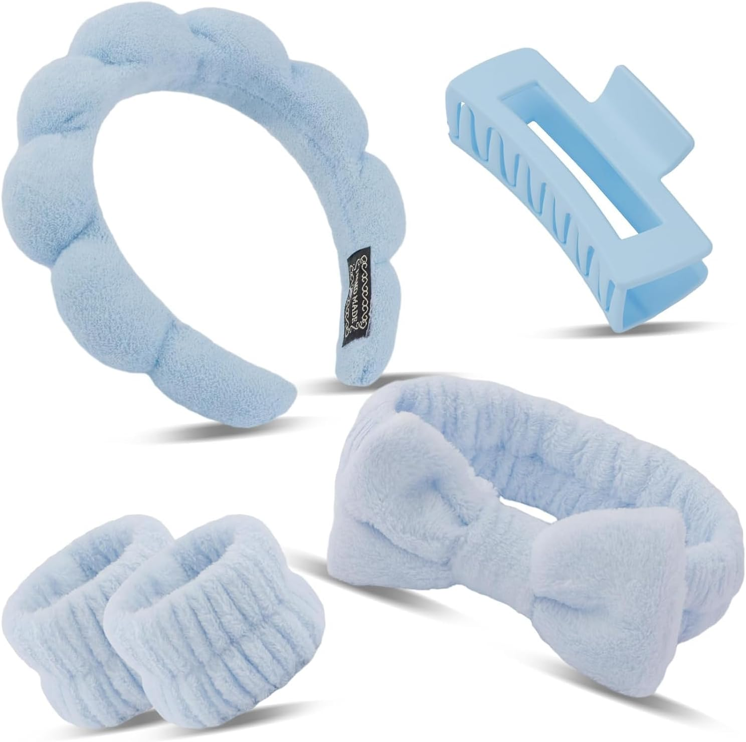 Blue Spa Headband and Wristband Set for Skincare, Prevent Water Slipping and Keep Hair Away with 2 Styles (Blue) - Geiwogwc