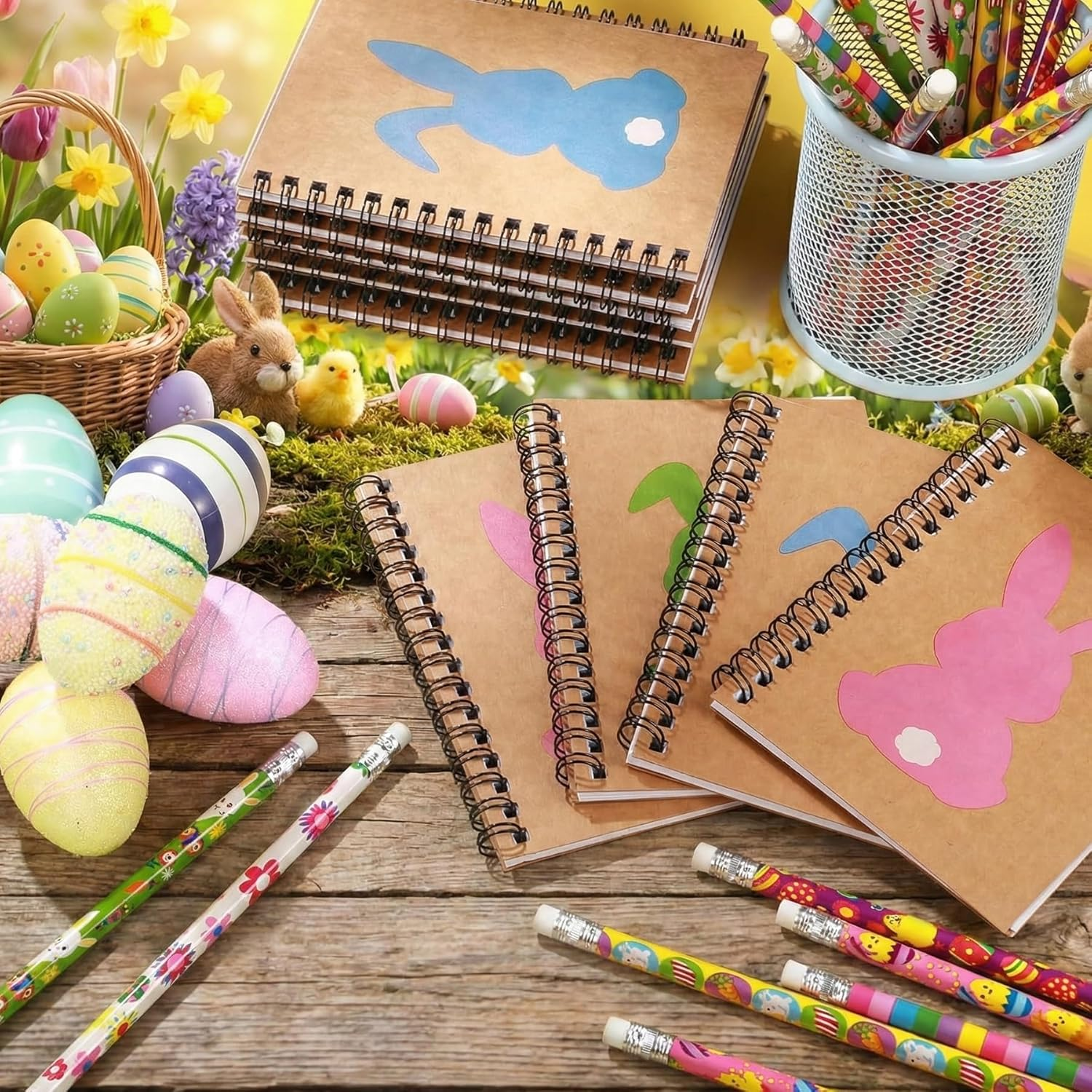 Mooliwe 48 Pcs Easter Pencils and Notepads Set 24 Pcs A6 Easter Bunnies Spiral Journal Notebook 24 Pcs Assorted Colorful Pencils with Eraser for Kids School Classroom Gift Exchange Supplies (Cute) image number 2