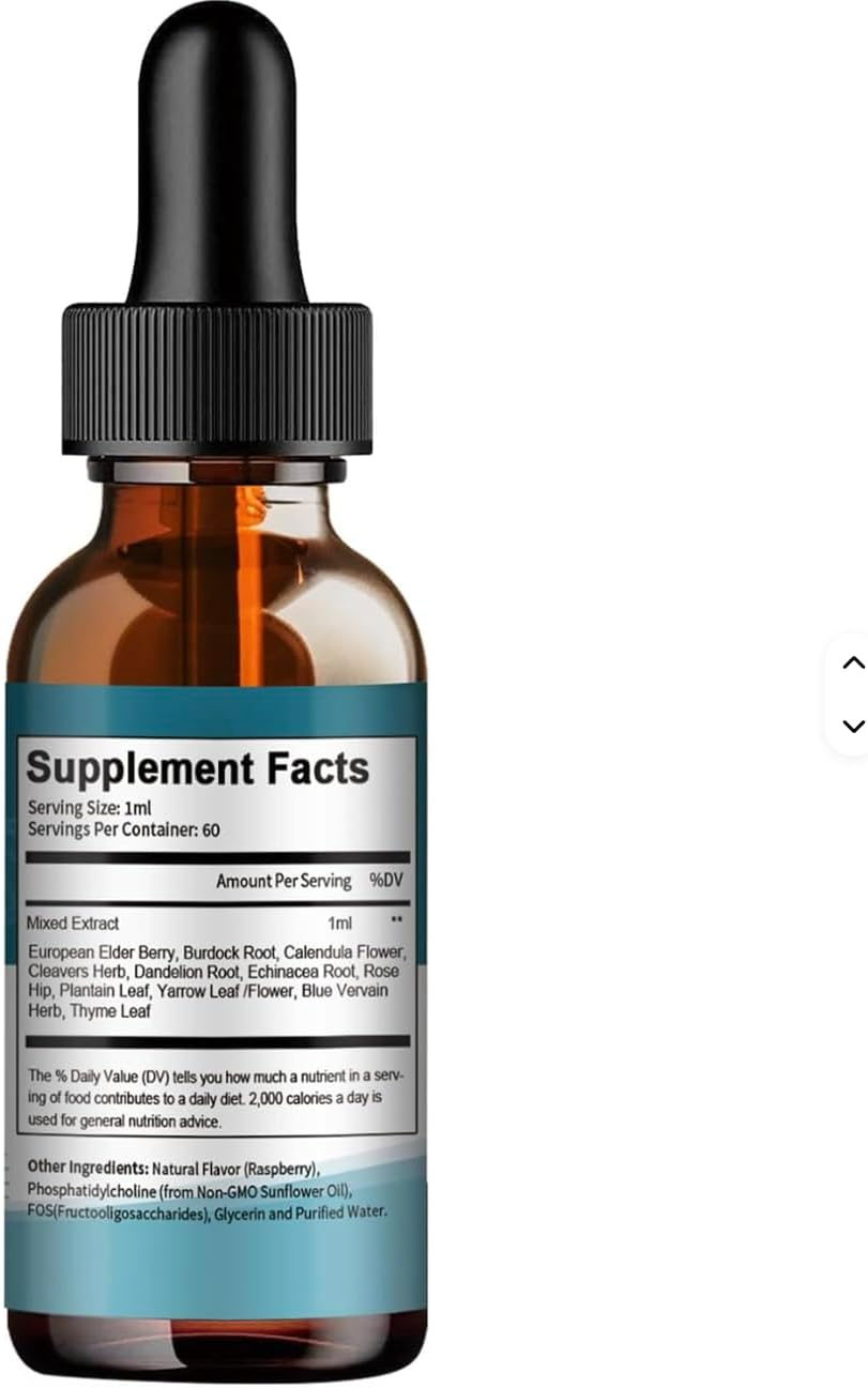 Lymphatic Drainage 11-In-1 Drops Herbal Blend with Elderberry, Burdock Root, Dandelion, Echinacea, Calendula & Cleavers, Raspberry Flavour Liquid Drops with Dropper, 60 Ml (2 Fl Oz) image number 1