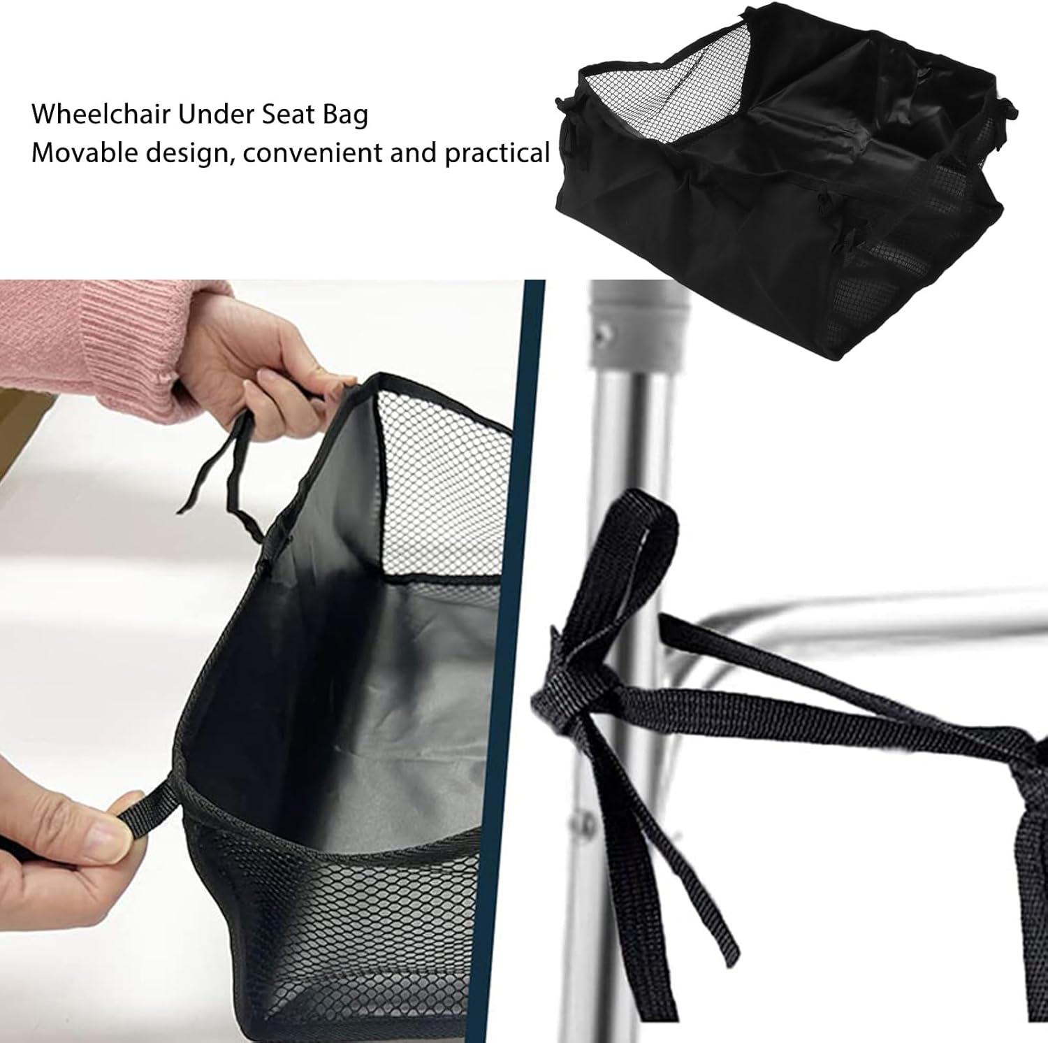 Wheelchair Basket, under Wheelchair Bag, Wheelchair underneath Bag 600D Oxford Cloth, Movable under Seat Basket for Rollator Walker Black image number 4